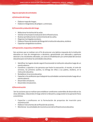 Algunosejemplosdeactividades
a)Estimacióndelriesgo
• Elaborarmapaderiesgos.
• Elaborareldiagnósticodepeligros yamenazas.
b)Prevenciónyreduccióndelriesgo
• Refaccionarlostechosdelasaulas.
• Solicitaralmunicipiolaevaluacióndelainfraestructura.
• Realizarperiódicamentemantenimientodeloscaños.
• Organizarlasbrigadasescolares.
• ElaborarPlanesdeGestióndelRiesgodelainstitucióneducativa,etcétera
• Capacitarabrigadistasescolares.
c)Preparación,respuestayrehabilitación
Son acciones que se realizan con el fin de procurar una óptima respuesta de la institución
educativa en caso de emergencias o desastres, garantizando una adecuada y oportuna
atención a los estudiantes afectados, así como la rehabilitación y/o continuidad del servicio
educativoparanormalizarlasactividadeseducativas.
• Identificar los lugares donde seguirá funcionando la institución educativa luego de un
eventoadverso.
• Coordinar y capacitar a las personas que harán la evacuación, el rescate, el corte de
servicios, los primeros auxilios, la entrega de niños a sus padres, etcétera, en la
insticucióneducativa.
• Restablecerelservicioeducativo.
• Capacitar a los profesores que trabajarán las actividades socioemocionales luego de un
eventoadverso.
• Desarrollarsimulacros.
• Desarrollarsimulaciones.
d)Reconstrucción
Son las acciones que se realizan para establecer condiciones sostenibles de desarrollo en las
áreas afectadas, reduciendo el riesgo anterior al desastre y asegurando la recuperación física
yeconómica.
• Capacitar a profesores en la formulación de proyectos de inversión para
reconstrucción.
• Elaborarinstrumentosdeverificacióndeacciones.
• Monitorear lasactividadesdereconstrucciondelainfraestructuraeducativa.
DIRECCIÓN DE EDUCACIÓN COMUNITARIA Y AMBIENTAL (DIECA) - MINEDU
56
 