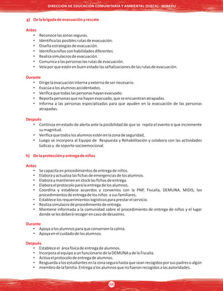 g) Delabrigadadeevacuaciónyrescate
Antes
• Reconocelaszonasseguras.
• Identificalasposiblesrutasdeevacuación.
• Diseñaestrategiasdeevacuación.
• Identificaniñosconhabilidadesdiferentes.
• Realizasimulacrosdeevacuación.
• Comunicaalaspersonaslasrutasdeevacuación.
• Velaporqueesténenbuenestadolasseñalizacionesdelasrutasdeevacuación.
Durante
• Dirigelaevacuacióninternayexternadesernecesario.
• Evacúaalosalumnosaccidentados.
• Verificaquetodaslaspersonashayanevacuado.
• Reportapersonasquenohayanevacuado,queseencuentranatrapadas.
• Informa a las personas especializadas para que ayuden en la evacuación de las personas
atrapadas.
Después
• Continúa en estado de alerta ante la posibilidad de que se repita el evento o que incremente
sumagnitud.
• Verificaquetodoslosalumnosesténenlazonadeseguridad,
• Luego se incorpora al Equipo de Respuesta y Rehabilitación y colabora con las actividades
lúdicasy desoportesocioemocional.
h) Delaprotecciónyentregadeniños
Antes
• Secapacitaenprocedimientosdeentregadeniños.
• Elaborayactualizalasfichasdeemergenciasdelosalumnos.
• Elaboraymantienenenstocklasfichasdeentrega.
• Elaboraelprotocoloparalaentregadelosalumnos.
• Coordina y establece acuerdos y convenios con la PNP, Fiscalía, DEMUNA, MIDIS, los
procedimientosdeentregadelosniños asusfamiliares.
• Establecelosrequerimientoslogísticosparaprestarelservicio.
• Realizasimulacrodeprocedimientodeentrega.
• Mantiene informada a la comunidad sobre el procedimiento de entrega de niños y el lugar
dondeselesdeberárecogerencasodedesastres.
Durante
• Apoyaalosalumnosparaqueconservenlacalma.
• Apoyaenelcuidadodelosalumnos.
Después
• Estableceel áreafísicadeentregadealumnos.
• IncorporaalequipoaunfuncionariodelaDEMUNAydelaFiscalía.
• Activaelprotocolodeentregadealumnos.
• Resguardaalosestudiantesenlazonasegurahastaqueseanrecogidosporsuspadresoalgún
• miembrodelafamilia.Entregaalosalumnosquenofueronrecogidosalasautoridades.
DIRECCIÓN DE EDUCACIÓN COMUNITARIA Y AMBIENTAL (DIECA) - MINEDU
66
 