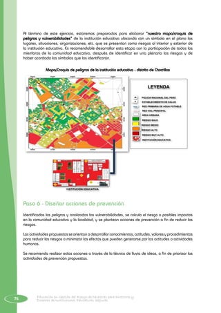 76 Educación en Gestión del Riesgo de Desastres para Directores y
Docentes de Instituciones Educativas Seguras
Al término de este ejercicio, estaremos preparados para elaborar “nuestro mapa/croquis de
peligros y vulnerabilidades” de la institución educativa ubicando con un símbolo en el plano los
lugares, situaciones, organizaciones, etc. que se presentan como riesgos al interior y exterior de
la institución educativa. Es recomendable desarrollar esta etapa con la participación de todos los
miembros de la comunidad educativa, después de identificar en una plenaria los riesgos y de
haber acordado los símbolos que los identificarán.
Mapa/Croquis de peligros de la institución educativa - distrito de Chorrillos
INSTITUCIÓN EDUCATIVA
LEYENDA
POLICÍA NACIONAL DEL PERÚ
ESTABLECIMIENTO DE SALUD
RED PRIMARIA DE AGUA POTABLE
RED VIAL PRINCIPAL
ÁREA URBANA
RIESGO BAJO
RIESGO MEDIO
RIESGO ALTO
RIESGO MUY ALTO
INSTITUCIÓN EDUCATIVA
Paso 6 - Diseñar acciones de prevención
Identificados los peligros y analizadas las vulnerabilidades, se calcula el riesgo o posibles impactos
en la comunidad educativa y la localidad, y se plantean acciones de prevención a fin de reducir los
riesgos.
Las actividades propuestas se orientan a desarrollar conocimientos, actitudes, valores y procedimientos
para reducir los riesgos o minimizar los efectos que pueden generarse por las actitudes o actividades
humanas.
Se recomienda realizar estas acciones a través de la técnica de lluvia de ideas, a fin de priorizar las
actividades de prevención propuestas.
 