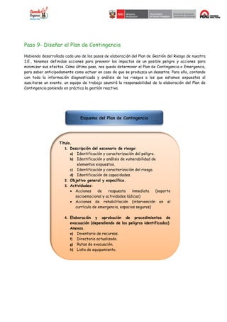 Paso 9- Diseñar el Plan de Contingencia
Habiendo desarrollado cada uno de los pasos de elaboración del Plan de Gestión del Riesgo de nuestra
I.E., tenemos definidas acciones para prevenir los impactos de un posible peligro y acciones para
minimizar sus efectos. Cómo último paso, nos queda determinar el Plan de Contingencia o Emergencia,
para saber anticipadamente como actuar en caso de que se produzca un desastre. Para ello, contando
con toda la información diagnosticada y análisis de los riesgos a los que estamos expuestos al
suscitarse un evento, un equipo de trabajo asumirá la responsabilidad de la elaboración del Plan de
Contingencia poniendo en práctica la gestión reactiva.
Esquema del Plan de Contingencia
Título.
1. Descripción del escenario de riesgo:
a) Identificación y caracterización del peligro.
b) Identificación y análisis de vulnerabilidad de
elementos expuestos.
c) Identificación y caracterización del riesgo.
d) Identificación de capacidades.
2. Objetivo general y específico.
3. Actividades:
 Acciones de respuesta inmediata (soporte
socioemocional y actividades lúdicas)
 Acciones de rehabilitación (intervención en el
currículo de emergencia, espacios seguros)
4. Elaboración y aprobación de procedimientos de
evacuación (dependiendo de los peligros identificados)
Anexos.
e) Inventario de recursos.
f) Directorio actualizado.
g) Rutas de evacuación.
h) Lista de equipamiento.
 