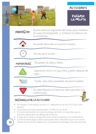 Ejercitar todos los segmentos del cuerpo para mantener
el cuerpo termorregulado y fortalecer la resiliencia de
los estudiantes.
Se puede desarrollar en espacios cerrados.
02 pelotas de vóley o fútbol.
No más de 15 minutos
MATERIALES
Ÿ Dos equipos: Cada equipo se ubica un integrante tras de otro. (6 a 8 por cada
equipo).
Ÿ Los primeros de cada equipo poseen un balón en las manos.
Ÿ A la señal del docente, se iniciará la entrega del balón al compañero que se
encuentra detrás pero por debajo de las piernas.
Ÿ El segundo lo recibe y entrega del mismo modo al siguiente y así sucesivamente.
Ÿ Cuando el balón llega al último participante, éste lo devuelve al que se encuentra
delante de él, sobre la cabeza y así sucesivamente hasta llegar al primero de la fila.
DESARROLLO DE LA ACTIVIDAD
Lavarse las manos con agua tibia y jabón después de
jugar.
Puede crear otras variedades de pasar la pelota.
No debe llevarse a la boca por estar expuestos a la
contaminación.
ACTIVIDAD 5
Pasando
la pelota
PROPOSITO
10
 