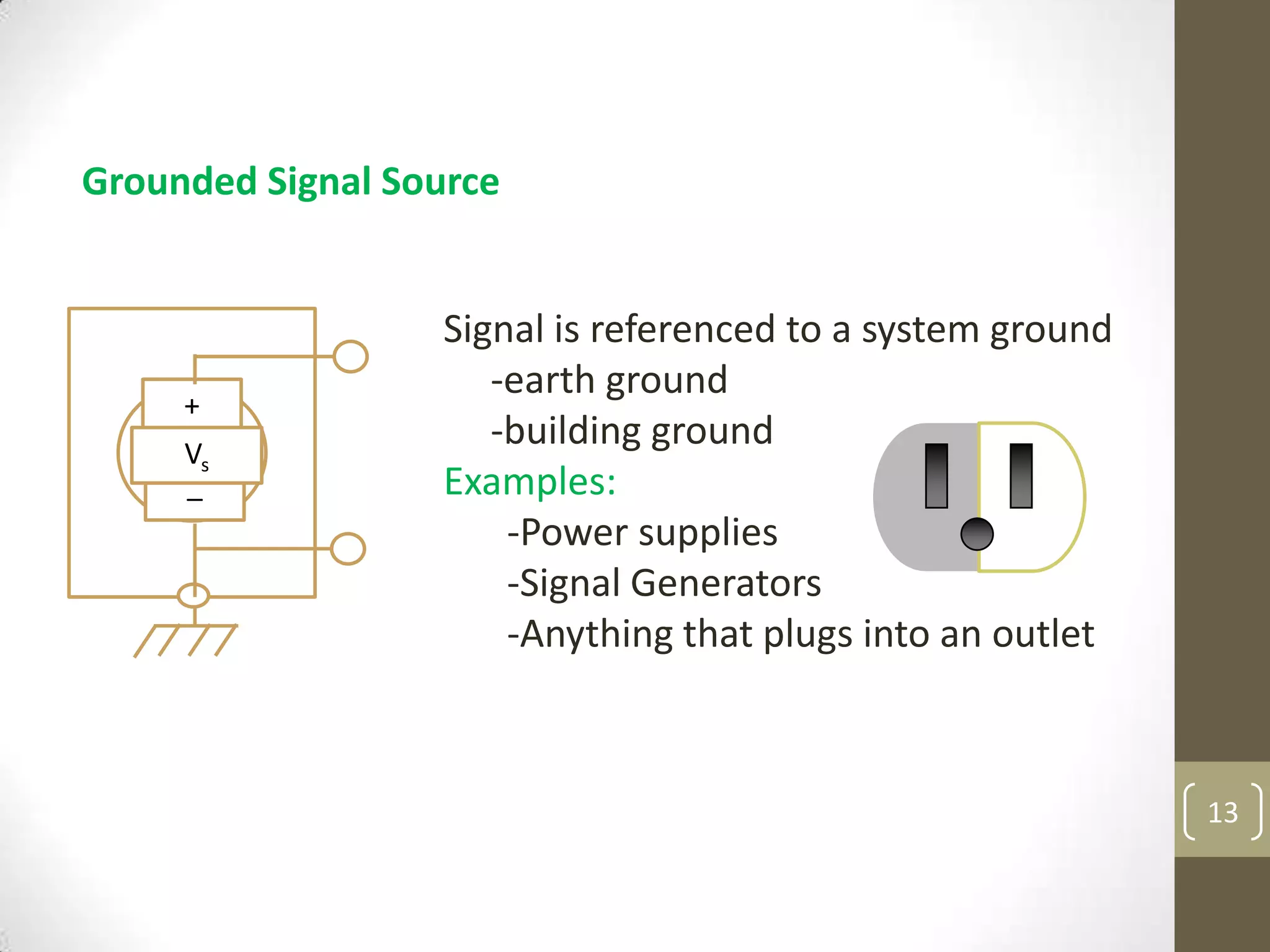 13
Signal is referenced to a system ground
-earth ground
-building ground
Examples:
-Power supplies
-Signal Generators
-Anything that plugs into an outlet
Grounded Signal Source
+
_
Vs
 