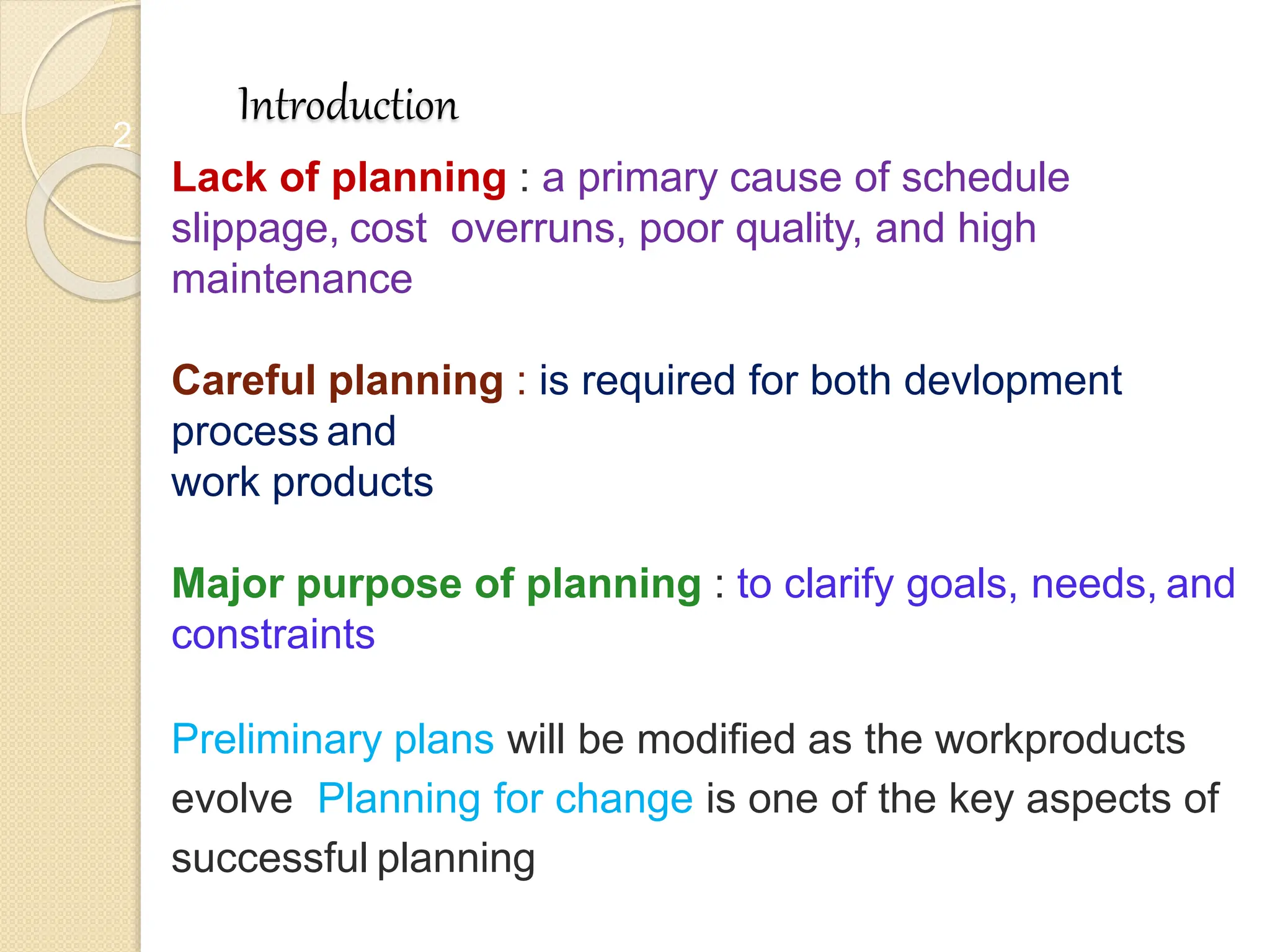 2
Introduction
Lack of planning : a primary cause of schedule
slippage, cost overruns, poor quality, and high
maintenance
Careful planning : is required for both devlopment
process and
work products
Major purpose of planning : to clarify goals, needs, and
constraints
Preliminary plans will be modified as the workproducts
evolve Planning for change is one of the key aspects of
successful planning
 