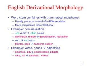 12
English Derivational Morphology
• Word stem combines with grammatical morpheme
– Usually produces a word of a different class
– More complicated than inflectional
• Example: nominalization
– -ize verbs  -ation nouns
– generalize, realize  generalization, realization
– verb  -er nouns
– Murder, spell  murderer, speller
• Example: verbs, nouns  adjectives
– embrace, pity embraceable, pitiable
– care, wit  careless, witless
 