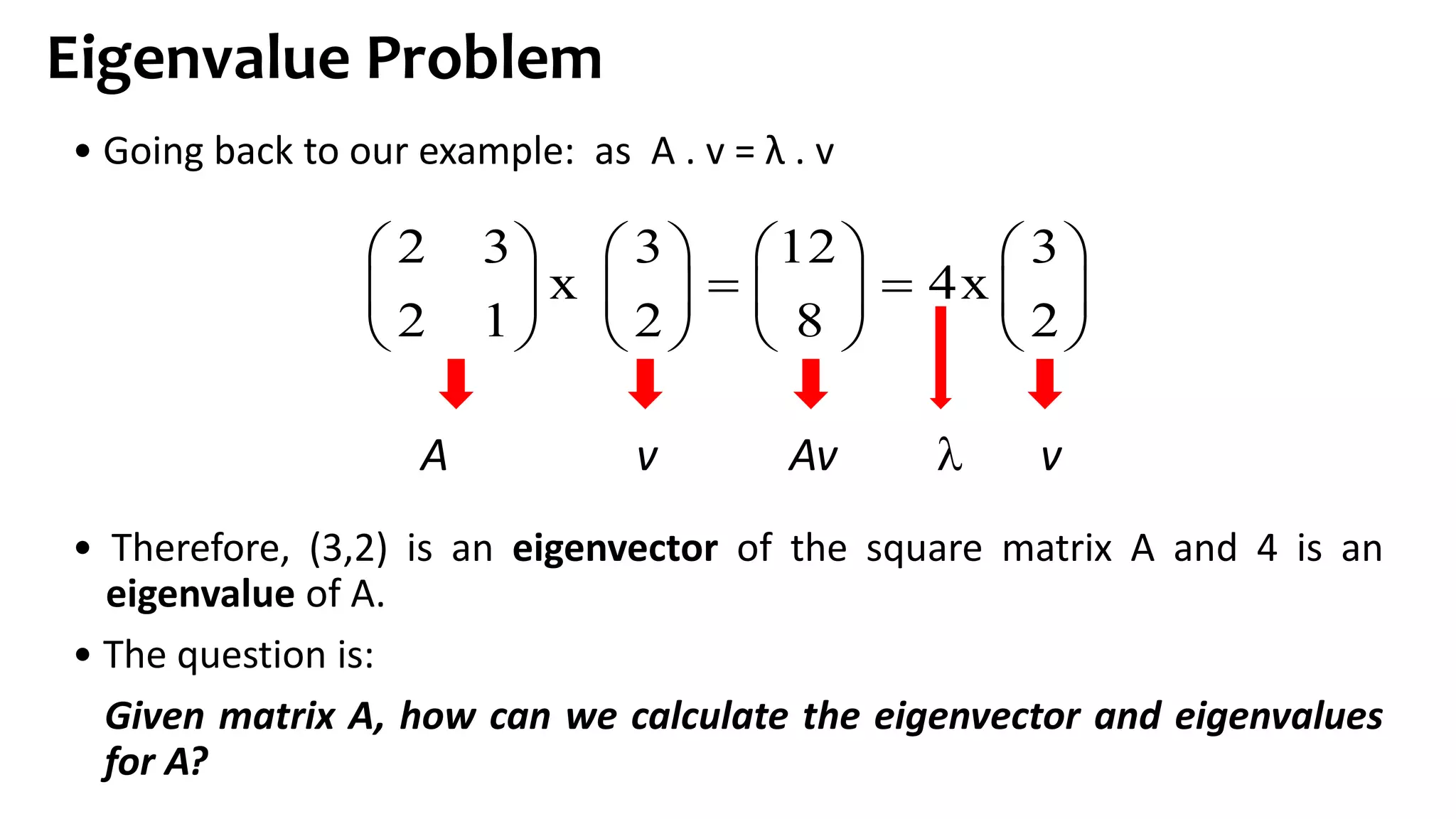 Eigenvalue Problem
A v Av  v
2 3 3 12 3
x 4x
2 1 2 8 2
       
        
       
• Going back to our example: as A . v = λ . v
• Therefore, (3,2) is an eigenvector of the square matrix A and 4 is an
eigenvalue of A.
• The question is:
Given matrix A, how can we calculate the eigenvector and eigenvalues
for A?
 