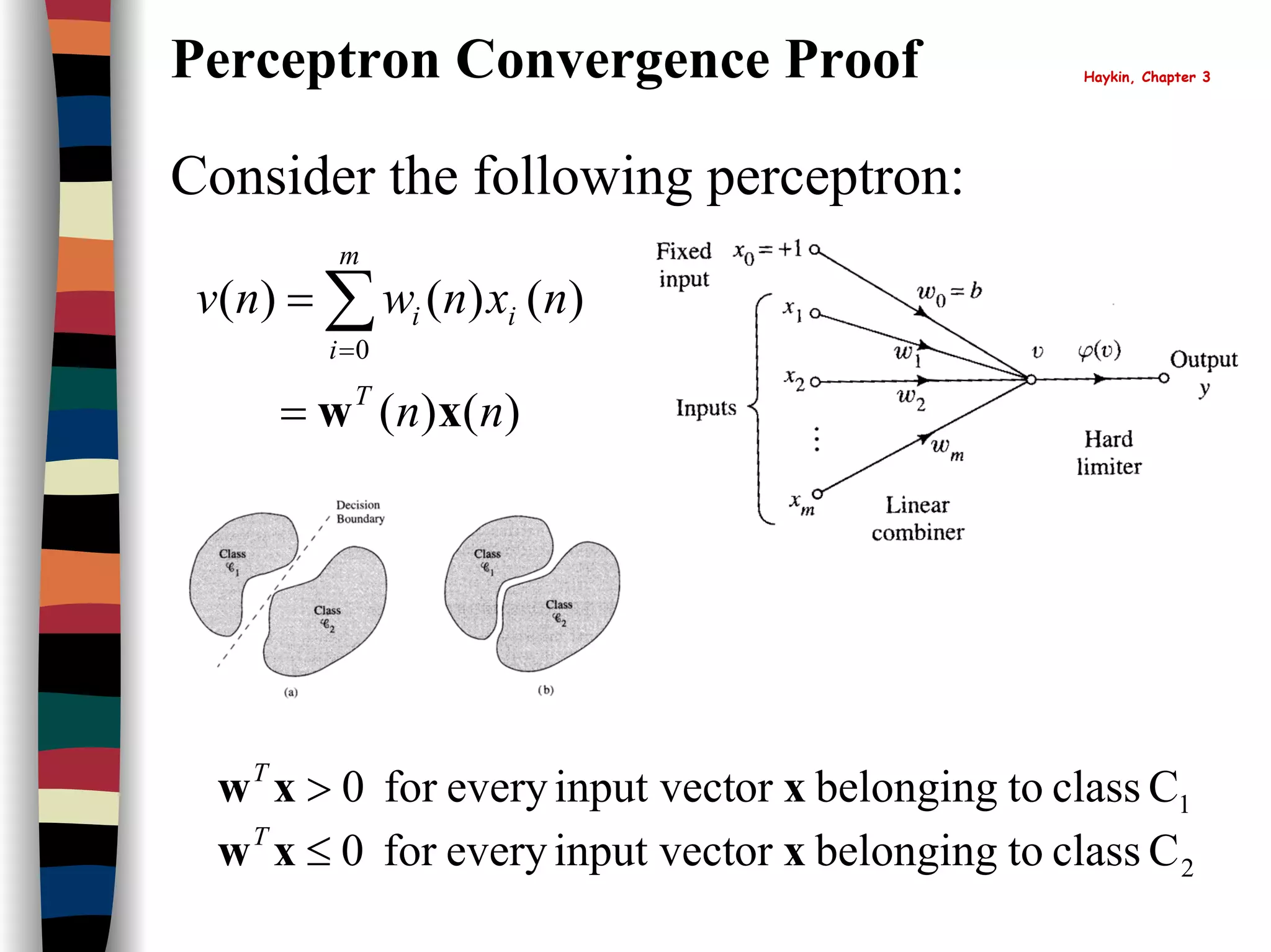Perceptron Convergence Proof Haykin, Chapter 3
Consider the following perceptron:
)()(
)()()(
0
nn
nxnwnv
T
m
i
ii
xw=
= ∑=
1Cclasstobelongingorinput vecteveryfor0 xxw >T
2Cclasstobelongingorinput vecteveryfor0 xxw ≤T
 