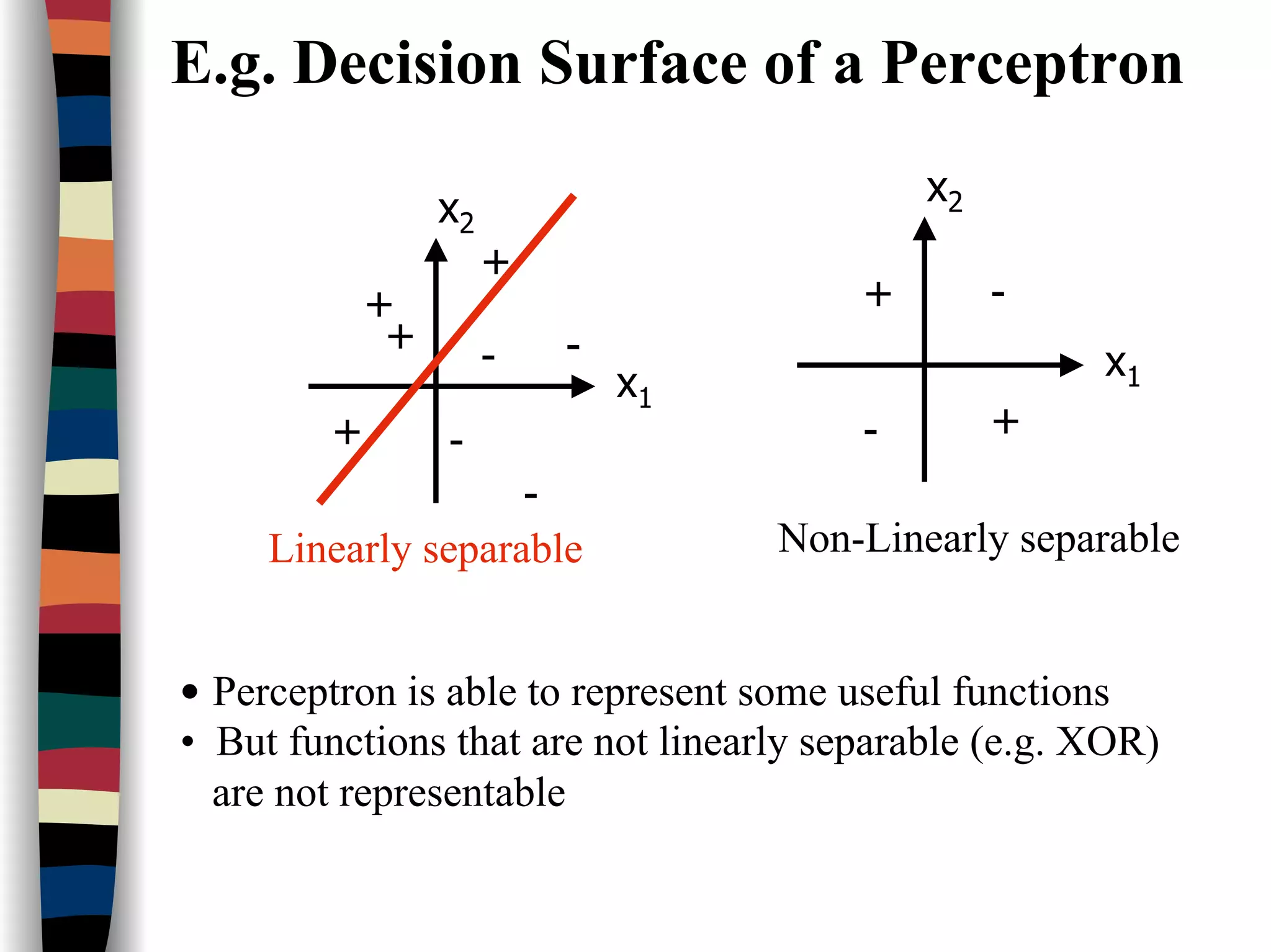 E.g. Decision Surface of a Perceptron
+
+-
-
x1
x2
Non-Linearly separable
• Perceptron is able to represent some useful functions
• But functions that are not linearly separable (e.g. XOR)
are not representable
+
+
+
+ -
-
-
-
x2
Linearly separable
x1
 