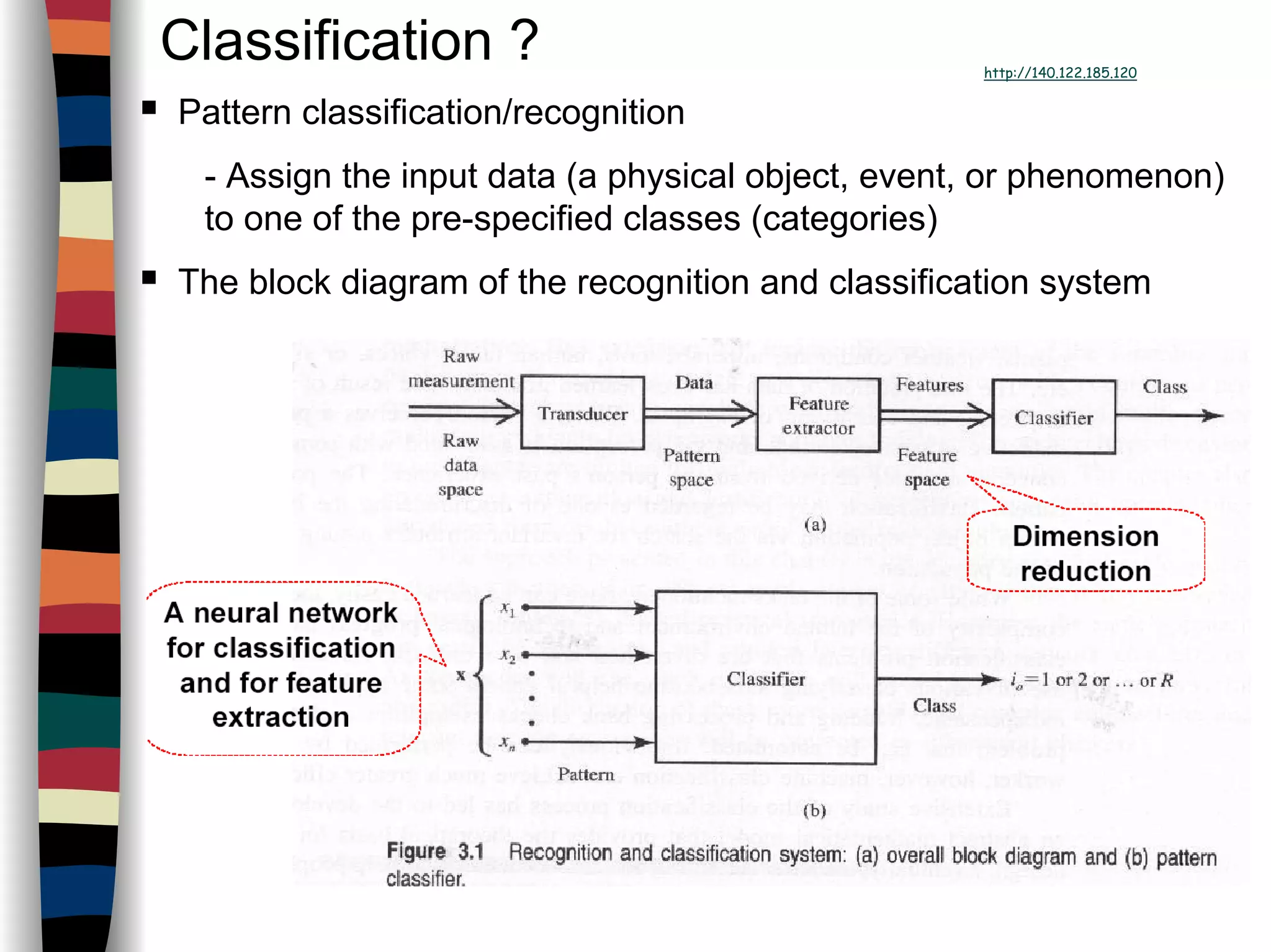 Classification ? http://140.122.185.120
Pattern classification/recognition
- Assign the input data (a physical object, event, or phenomenon)
to one of the pre-specified classes (categories)
The block diagram of the recognition and classification system
 