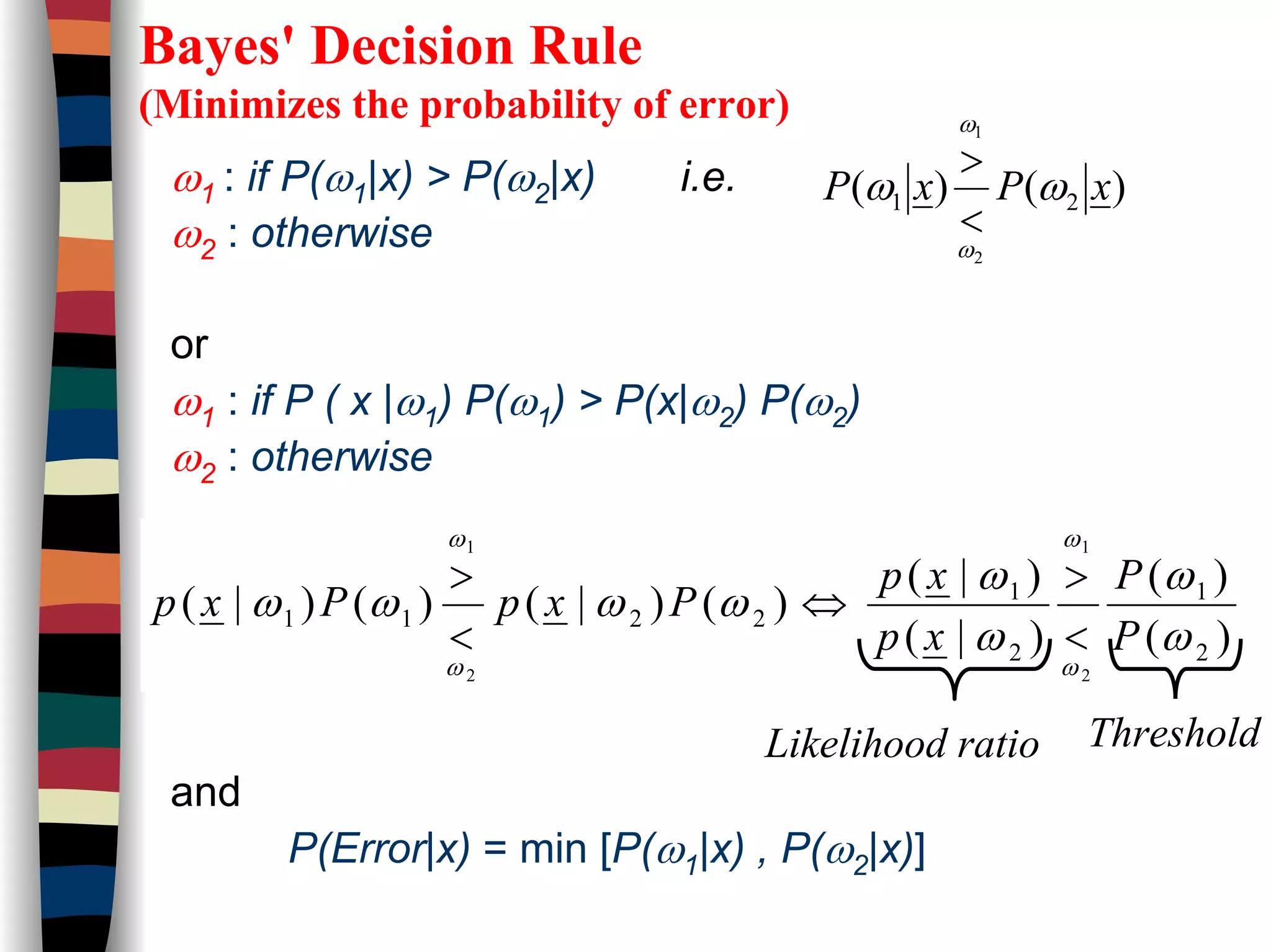 Bayes' Decision Rule
(Minimizes the probability of error)
ω1 : if P(ω1|x) > P(ω2|x) i.e.
ω2 : otherwise
or
ω1 : if P ( x |ω1) P(ω1) > P(x|ω2) P(ω2)
ω2 : otherwise
and
P(Error|x) = min [P(ω1|x) , P(ω2|x)]
)()( 21
2
1
xPxP ωω
ω
ω
<
>
Likelihood ratio
)(
)(
)|(
)|(
)()|()()|(
2
1
2
1
2211
2
1
2
1
ω
ω
ω
ω
ωωωω
ω
ω
ω
ω
P
P
xp
xp
PxpPxp
<
>
⇔
<
>
Threshold
 
