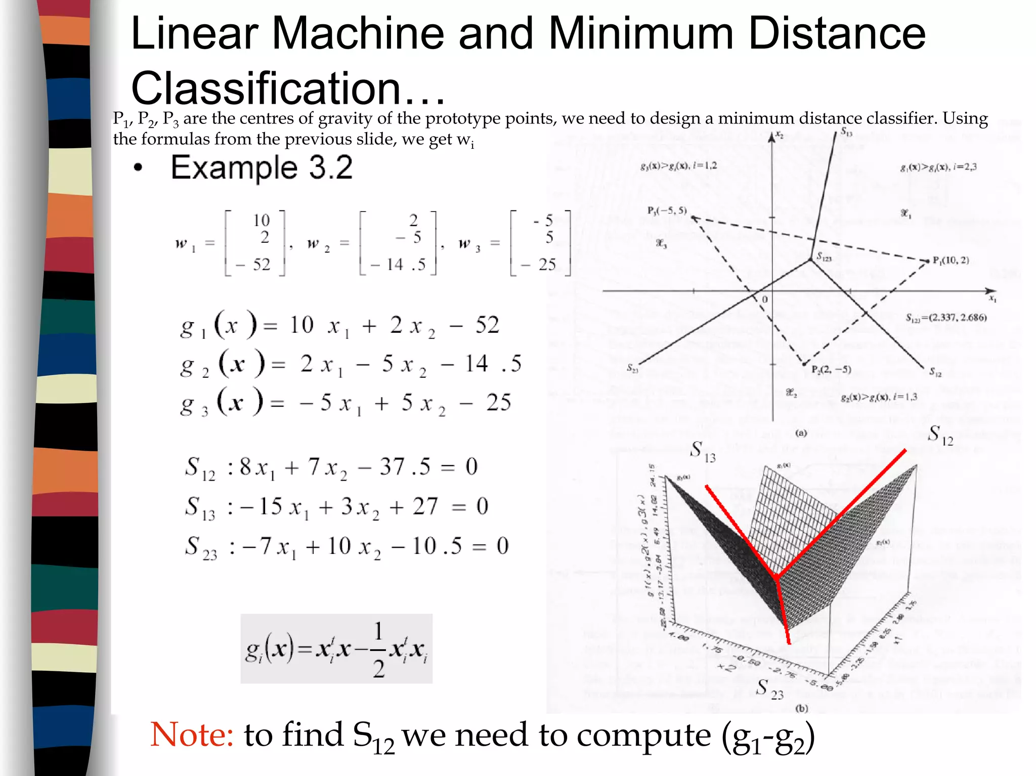 Linear Machine and Minimum Distance
Classification…
Note: to find S12 we need to compute (g1-g2)
P1, P2, P3 are the centres of gravity of the prototype points, we need to design a minimum distance classifier. Using
the formulas from the previous slide, we get wi
 