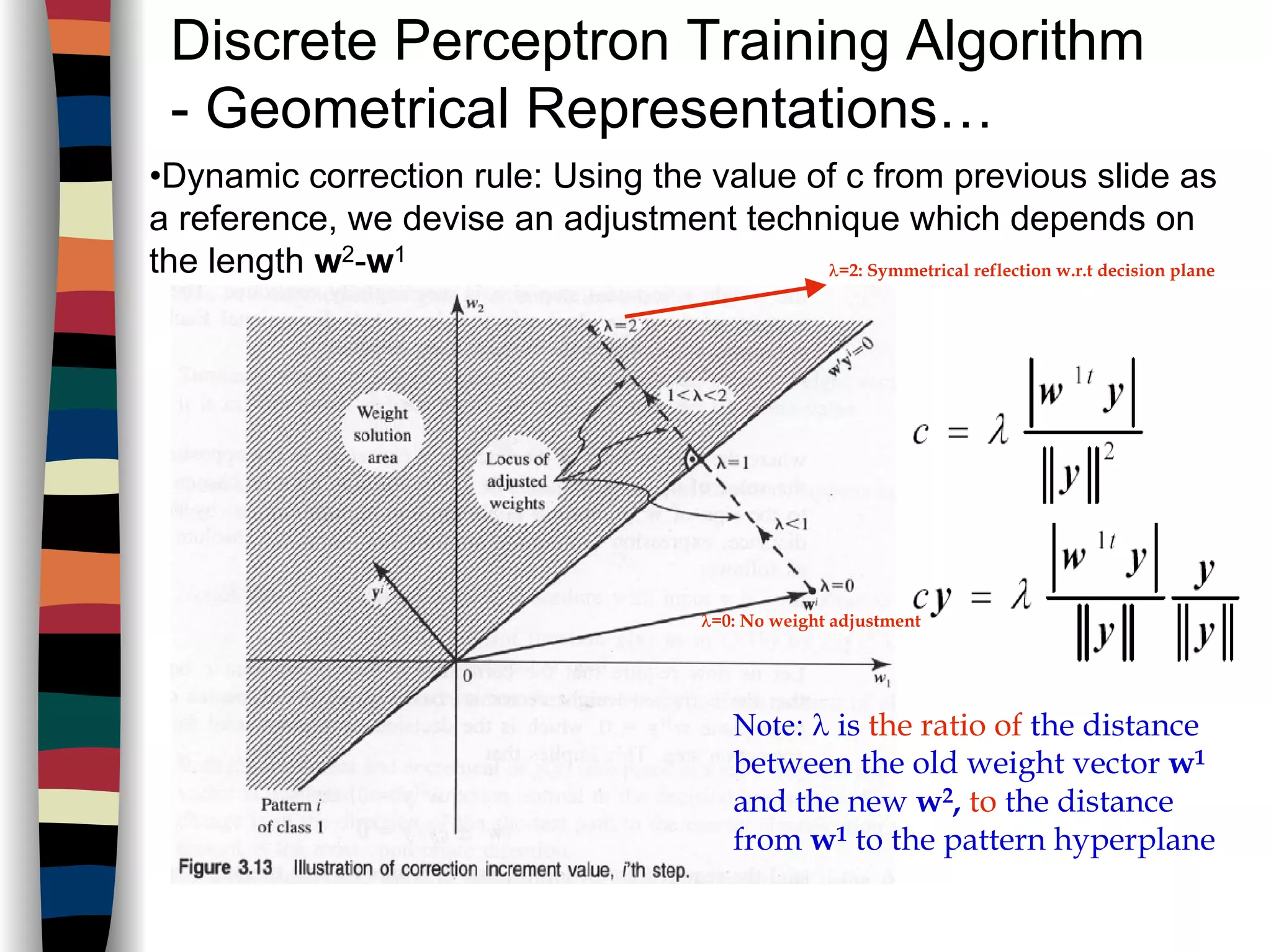 Discrete Perceptron Training Algorithm
- Geometrical Representations…
•Dynamic correction rule: Using the value of c from previous slide as
a reference, we devise an adjustment technique which depends on
the length w2-w1
Νote: λ is the ratio of the distance
between the old weight vector w1
and the new w2, to the distance
from w1 to the pattern hyperplane
λ=2: Symmetrical reflection w.r.t decision plane
λ=0: No weight adjustment
 