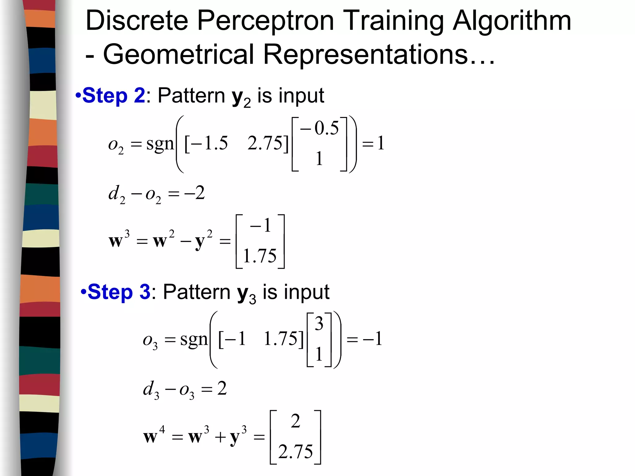 Discrete Perceptron Training Algorithm
- Geometrical Representations…
•Step 2: Pattern y2 is input





 −
=−=
−=−
=












−
−=
75.1
1
2
1
1
5.0
]75.25.1[sgn
223
22
2
yww
od
o
•Step 3: Pattern y3 is input






=+=
=−
−=













−=
75.2
2
2
1
1
3
]75.11[sgn
334
33
3
yww
od
o
 