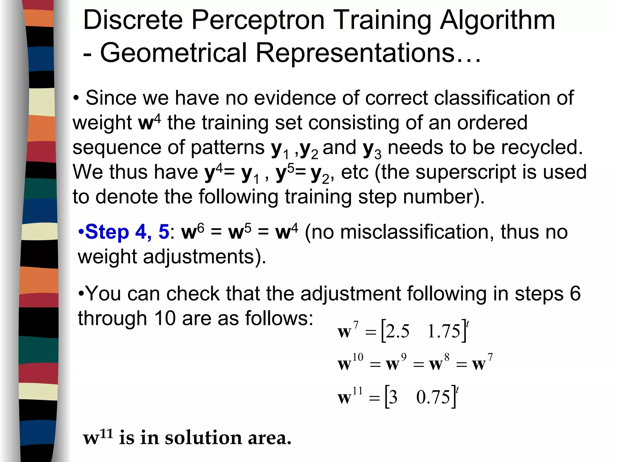 Discrete Perceptron Training Algorithm
- Geometrical Representations…
• Since we have no evidence of correct classification of
weight w4 the training set consisting of an ordered
sequence of patterns y1 ,y2 and y3 needs to be recycled.
We thus have y4= y1 , y5= y2, etc (the superscript is used
to denote the following training step number).
•Step 4, 5: w6 = w5 = w4 (no misclassification, thus no
weight adjustments).
•You can check that the adjustment following in steps 6
through 10 are as follows:
[ ]
[ ]t
t
75.03
75.15.2
11
78910
7
=
===
=
w
wwww
w
w11 is in solution area.
 