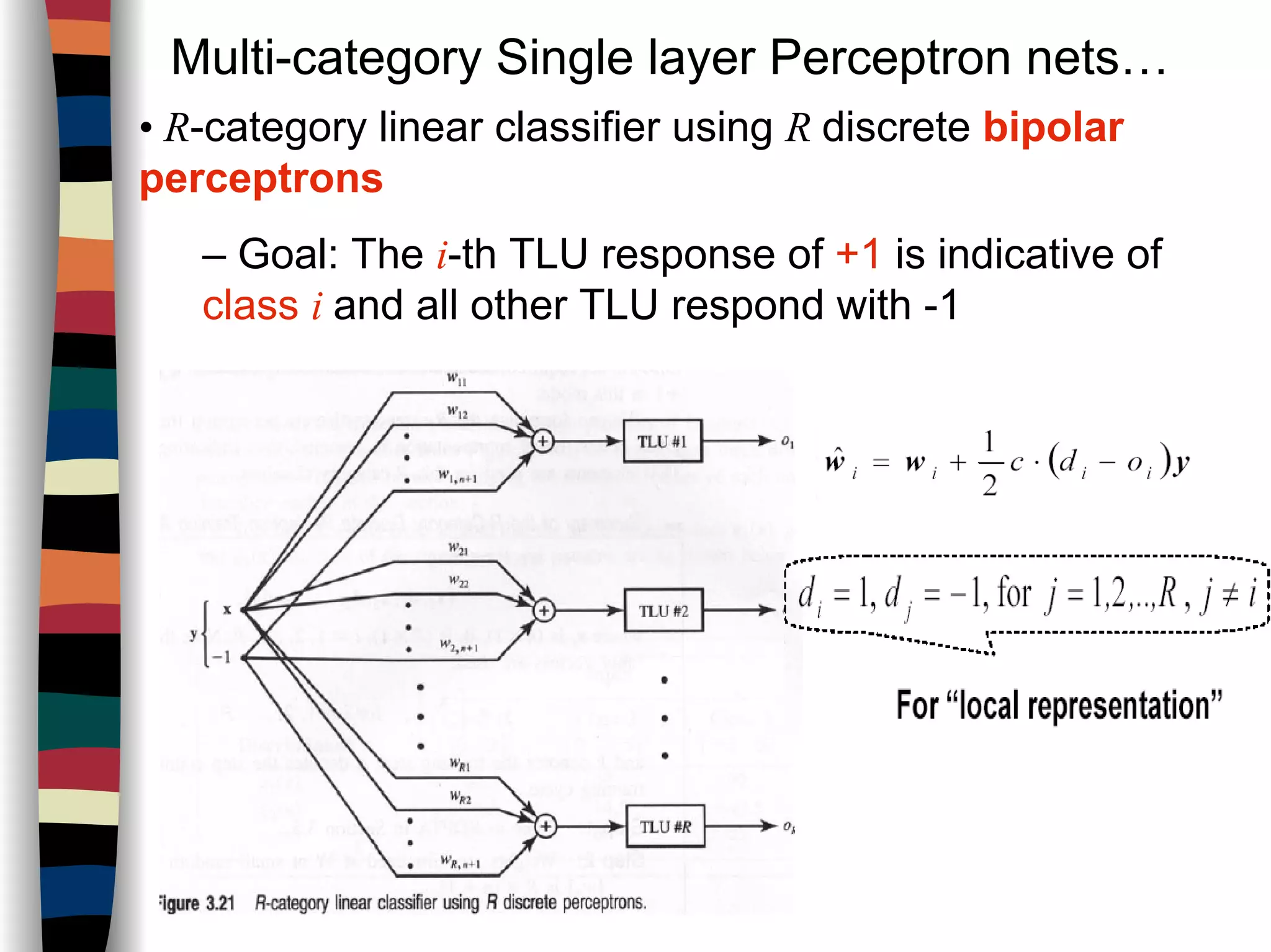 Multi-category Single layer Perceptron nets…
• R-category linear classifier using R discrete bipolar
perceptrons
– Goal: The i-th TLU response of +1 is indicative of
class i and all other TLU respond with -1
 