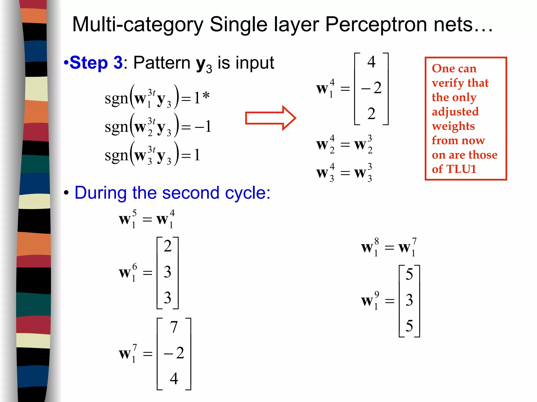 Multi-category Single layer Perceptron nets…
•Step 3: Pattern y3 is input
3
3
4
3
3
2
4
2
4
1
2
2
4
ww
ww
w
=
=










−=
One can
verify that
the only
adjusted
weights
from now
on are those
of TLU1
( )
( )
( ) 1sgn
1sgn
*1sgn
3
3
3
3
3
2
3
3
1
=
−=
=
yw
yw
yw
t
t
t
• During the second cycle:










−=










=
=
4
2
7
3
3
2
7
1
6
1
4
1
5
1
w
w
ww










=
=
5
3
5
9
1
7
1
8
1
w
ww
 