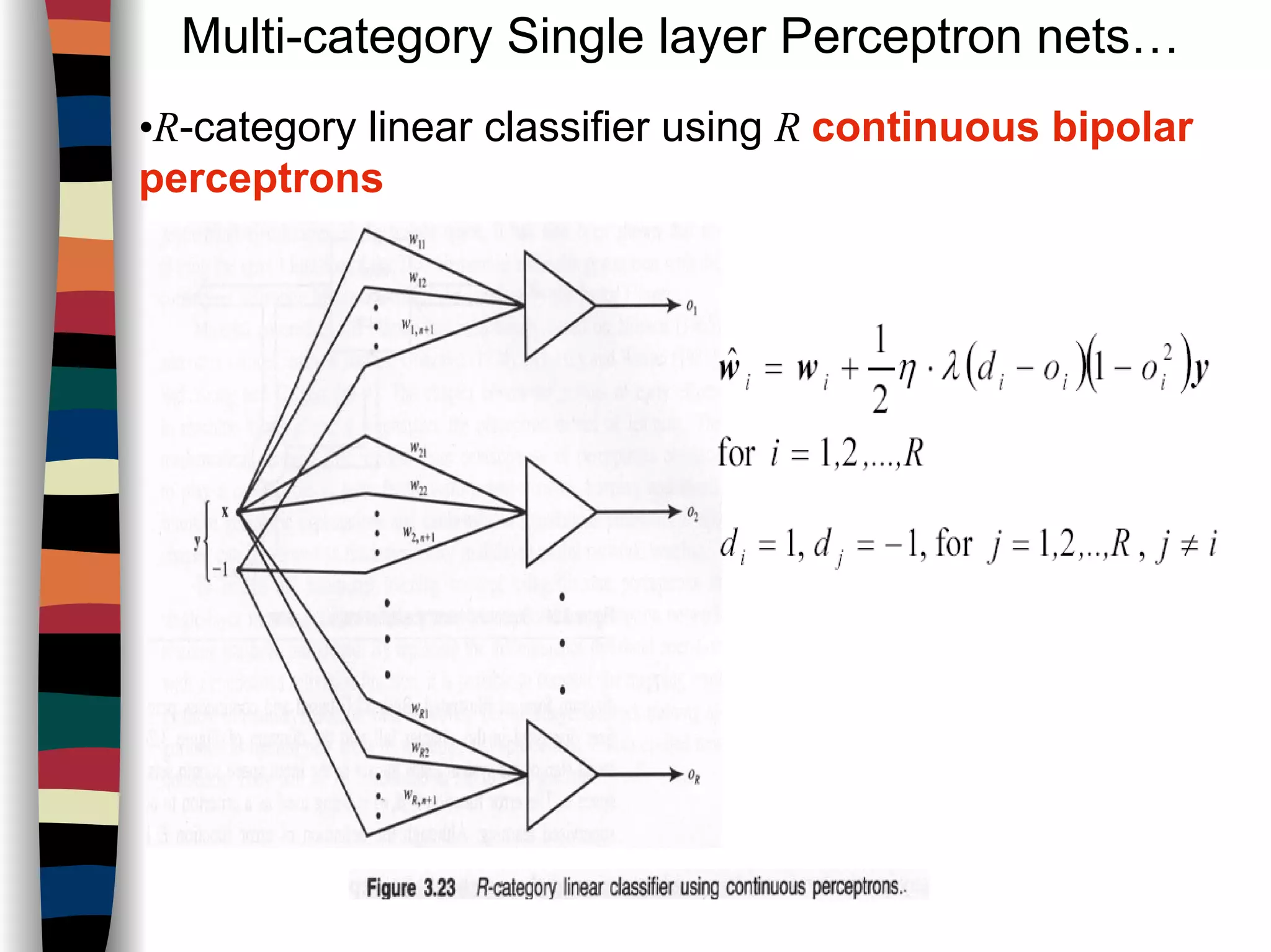 Multi-category Single layer Perceptron nets…
•R-category linear classifier using R continuous bipolar
perceptrons
 