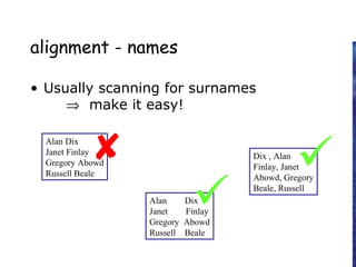 alignment - names
• Usually scanning for surnames
⇒ make it easy!
Alan Dix
Janet Finlay
Gregory Abowd
Russell Beale
Alan Dix
Janet Finlay
Gregory Abowd
Russell Beale
Dix , Alan
Finlay, Janet
Abowd, Gregory
Beale, Russell
 

 