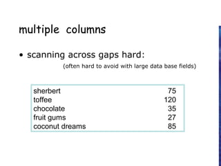 multiple columns
• scanning across gaps hard:
(often hard to avoid with large data base fields)
sherbert 75
toffee 120
chocolate 35
fruit gums 27
coconut dreams 85
 