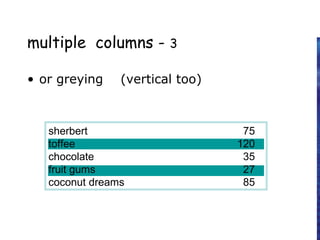 multiple columns - 3
• or greying (vertical too)
sherbert 75
toffee 120
chocolate 35
fruit gums 27
coconut dreams 85
 
