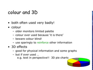 colour and 3D
• both often used very badly!
• colour
– older monitors limited palette
– colour over used because ‘it is there’
– beware colour blind!
– use sparingly to reinforce other information
• 3D effects
– good for physical information and some graphs
– but if over used …
e.g. text in perspective!! 3D pie charts
 
