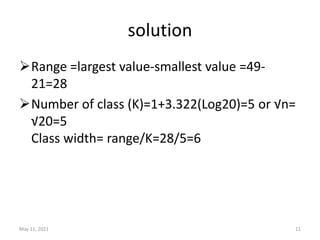 solution
Range =largest value-smallest value =49-
21=28
Number of class (K)=1+3.322(Log20)=5 or √n=
√20=5
Class width= range/K=28/5=6
May 11, 2021 11
 