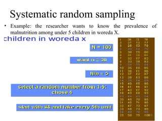 Systematic random sampling
• Example: the researcher wants to know the prevalence of
malnutrition among under 5 children in woreda X.
18
 
