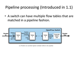 Pipeline processing (Introduced in 1.1)
• A switch can have multiple flow tables that are
matched in a pipeline fashion.
 