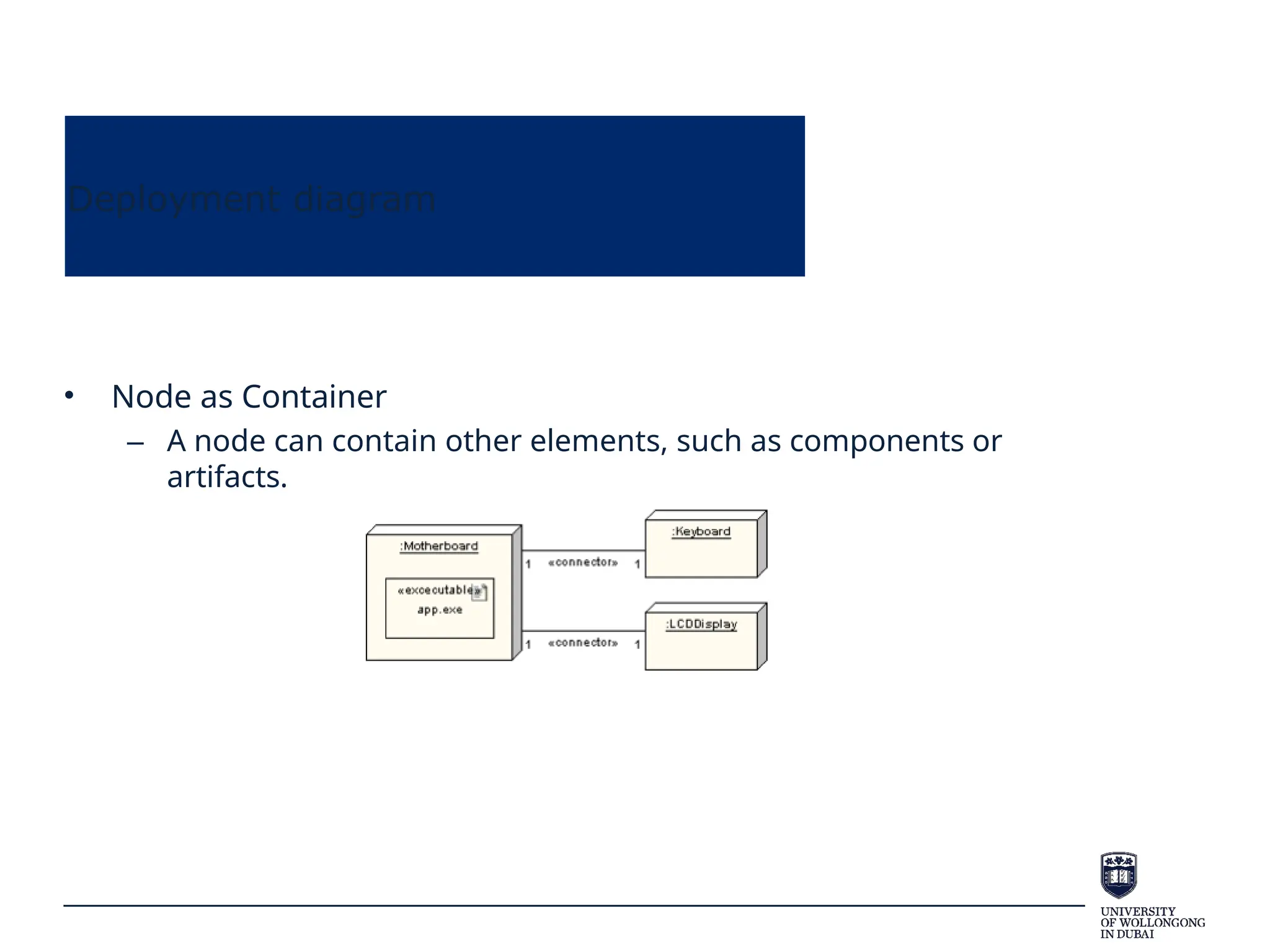Deployment diagram
• Node as Container
– A node can contain other elements, such as components or
artifacts.
 