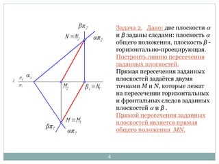 Задача 2. Дано: две плоскости a 
и β заданы следами: плоскость a 
общего положения, плоскость β - 
горизонтально-проецирующая. 
Построить линию пересечения 
заданных плоскостей. 
Прямая пересечения заданных 
плоскостей задаётся двумя 
точками M и N, которые лежат 
на пересечении горизонтальных 
и фронтальных следов заданных 
плоскостей a и β . 
Прямой пересечения заданных 
плоскостей является прямая 
общего положения MN. 
4 
 