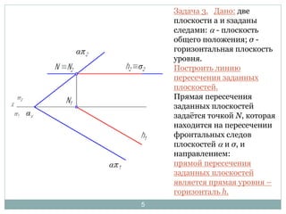 Задача 3. Дано: две 
плоскости a и sзаданы 
следами: a - плоскость 
общего положения; σ - 
горизонтальная плоскость 
уровня. 
Построить линию 
пересечения заданных 
плоскостей. 
Прямая пересечения 
заданных плоскостей 
задаётся точкой N, которая 
находится на пересечении 
фронтальных следов 
плоскостей a и σ, и 
направлением: 
прямой пересечения 
заданных плоскостей 
является прямая уровня – 
горизонталь h. 
5 
 