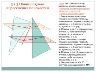 5.1.3 Общий случай 
пересечения плоскостей 
Дано: две плоскости α и β, 
заданные треугольниками. 
Построить линию пересечения 
заданных плоскостей. 
Порядок решения задачи: 
1. Ввести вспомогательную 
секущую плоскость уровня γ, 
одновременно пересекающую две 
заданные a и β, соответственно, 
по прямым 1-2 и 3-4; 
2. Прямые 1-2 и 3-4 пересекаются 
в точке М, принадлежащей 
плоскости γ и заданным 
плоскостям a и β; 
3. Ввести вспомогательную 
секущую плоскость уровня δ, 
одновременно пересекающую две 
заданные a и β, соответственно, 
по прямым 5-6 и 7-8; 
4. Прямые 5-6 и 7-8 пересекаются 
в точке N, принадлежащей 
плоскости δ и заданным 
плоскостям a и β ; 
5. Соединив точки M и N, 
получим искомую прямую MN. 
7 
 
