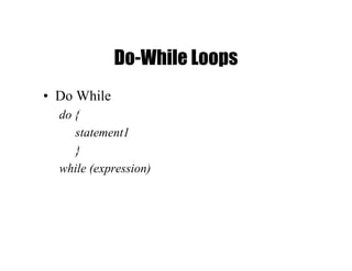 Do-While Loops
• Do While
do {
statement1
}
while (expression)
 