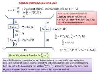 Absolute thermodynamic temp scale
 = 1 −
𝑄2
𝑄1
For any heat engine. For a reversible cycle  = 𝑓 𝑇1, 𝑇2
So,
𝑄1
𝑄2
= 𝐹 𝑇1, 𝑇2
T1
T2
Q1
Q2
Q2
Q3
T3
W1=Q1-Q2
W2=Q2-Q3
Q1
Q3
W3=Q1-Q3
𝑄1
𝑄2
= 𝐹 𝑇1, 𝑇2 ;
𝑄2
𝑄3
= 𝐹 𝑇2, 𝑇3
𝑄1
𝑄3
= 𝐹 𝑇1, 𝑇3
𝑠𝑜, 𝐹 𝑇1, 𝑇2 * 𝐹 𝑇2, 𝑇3 = 𝐹 𝑇1, 𝑇3
Hence the simplest function is :
𝑄1
𝑄2
=
𝑇1
𝑇2
From this functional relationship we can deduce absolute zero can not be reached. Lets us
connect n number of engines in series and let the last engine deliver some work while rejecting
heat to a sink at Tn. According to this relation
𝑄 𝑛−1
𝑄 𝑛
=
𝑇 𝑛−1
𝑇 𝑛
and hence 𝑇𝑛 𝑐𝑎𝑛 𝑛𝑜𝑡 𝑏𝑒 𝑧𝑒𝑟𝑜, since
𝑄 𝑛 can not be zero. So absolute zero on a Kelvin scale can not be reached
Third law of thermodynamics.
Absolute zero on Kelvin scale
Can not be reached without violating
2nd law of thermodynamics
Engine
Engine
Engine
 