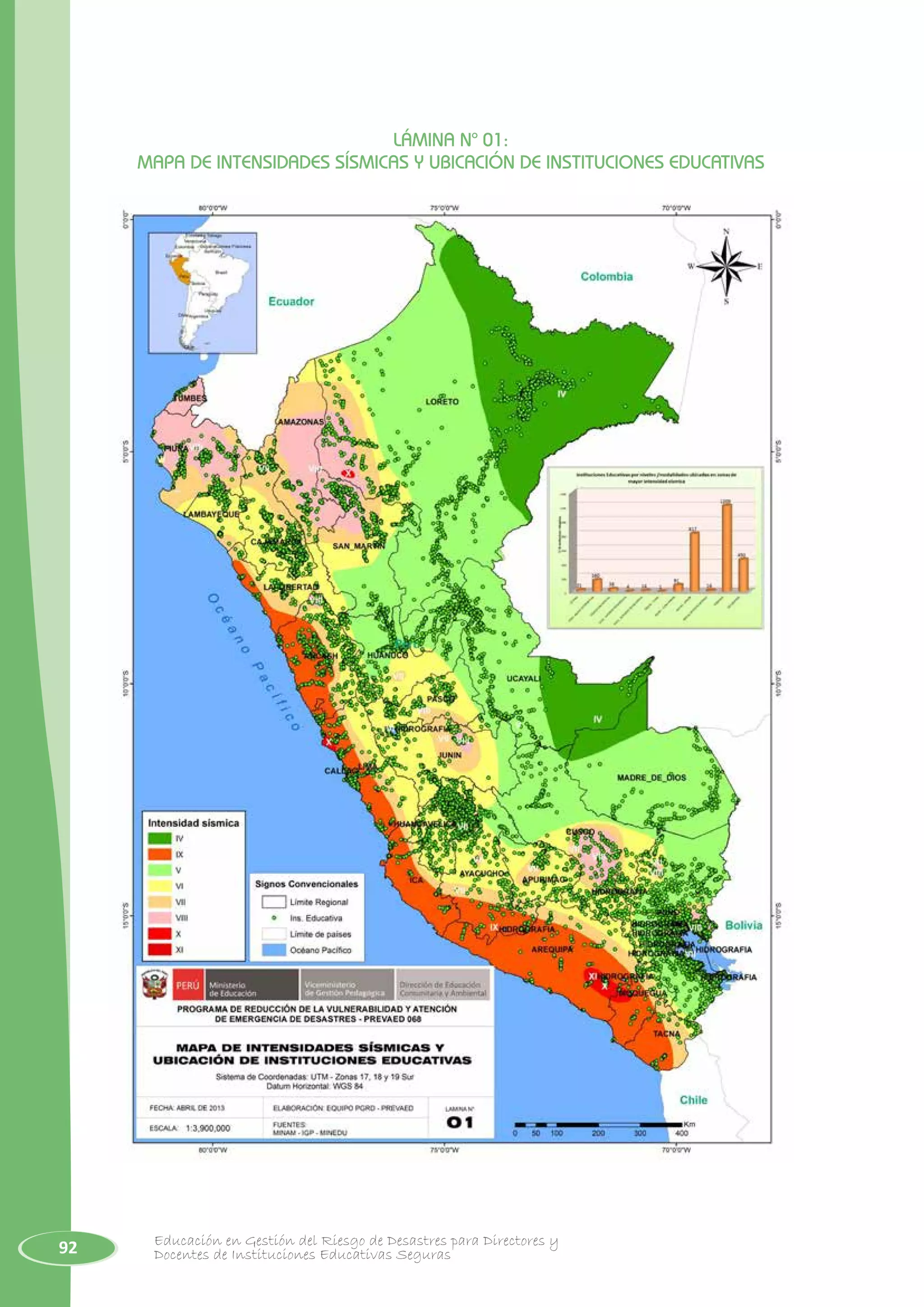 92 Educación en Gestión del Riesgo de Desastres para Directores y
Docentes de Instituciones Educativas Seguras
LÁMINA N° 01:
MAPA DE INTENSIDADES SÍSMICAS Y UBICACIÓN DE INSTITUCIONES EDUCATIVAS
 