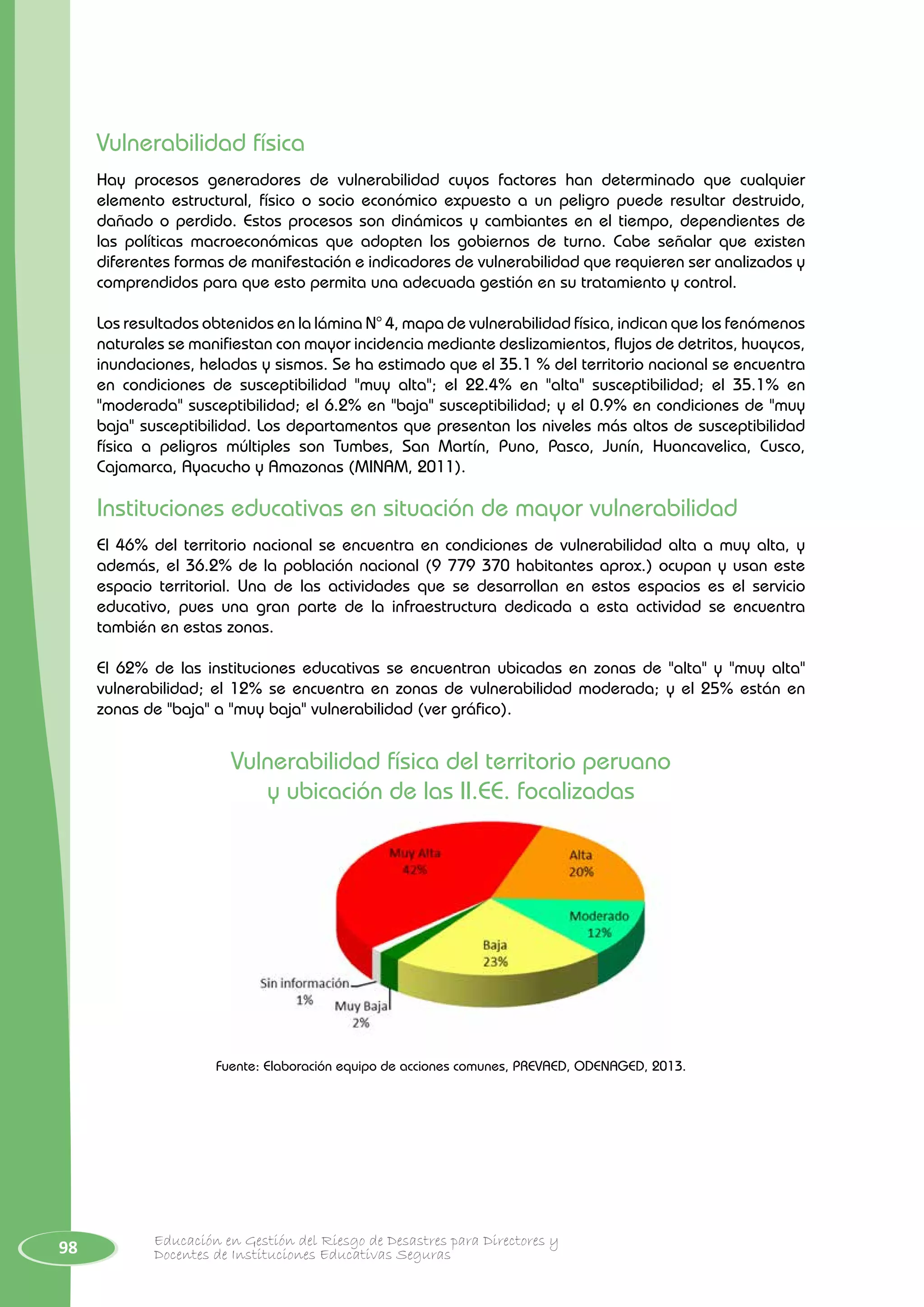 98 Educación en Gestión del Riesgo de Desastres para Directores y
Docentes de Instituciones Educativas Seguras
Vulnerabilidad física
Hay procesos generadores de vulnerabilidad cuyos factores han determinado que cualquier
elemento estructural, físico o socio económico expuesto a un peligro puede resultar destruido,
dañado o perdido. Estos procesos son dinámicos y cambiantes en el tiempo, dependientes de
las políticas macroeconómicas que adopten los gobiernos de turno. Cabe señalar que existen
diferentes formas de manifestación e indicadores de vulnerabilidad que requieren ser analizados y
comprendidos para que esto permita una adecuada gestión en su tratamiento y control.
Los resultados obtenidos en la lámina N° 4, mapa de vulnerabilidad física, indican que los fenómenos
naturales se manifiestan con mayor incidencia mediante deslizamientos, flujos de detritos, huaycos,
inundaciones, heladas y sismos. Se ha estimado que el 35.1 % del territorio nacional se encuentra
en condiciones de susceptibilidad "muy alta"; el 22.4% en "alta" susceptibilidad; el 35.1% en
"moderada" susceptibilidad; el 6.2% en "baja" susceptibilidad; y el 0.9% en condiciones de "muy
baja" susceptibilidad. Los departamentos que presentan los niveles más altos de susceptibilidad
física a peligros múltiples son Tumbes, San Martín, Puno, Pasco, Junín, Huancavelica, Cusco,
Cajamarca, Ayacucho y Amazonas (MINAM, 2011).
Instituciones educativas en situación de mayor vulnerabilidad
El 46% del territorio nacional se encuentra en condiciones de vulnerabilidad alta a muy alta, y
además, el 36.2% de la población nacional (9 779 370 habitantes aprox.) ocupan y usan este
espacio territorial. Una de las actividades que se desarrollan en estos espacios es el servicio
educativo, pues una gran parte de la infraestructura dedicada a esta actividad se encuentra
también en estas zonas.
El 62% de las instituciones educativas se encuentran ubicadas en zonas de "alta" y "muy alta"
vulnerabilidad; el 12% se encuentra en zonas de vulnerabilidad moderada; y el 25% están en
zonas de "baja" a "muy baja" vulnerabilidad (ver gráfico).
Vulnerabilidad física del territorio peruano
y ubicación de las II.EE. focalizadas
Fuente: Elaboración equipo de acciones comunes, PREVAED, ODENAGED, 2013.
 