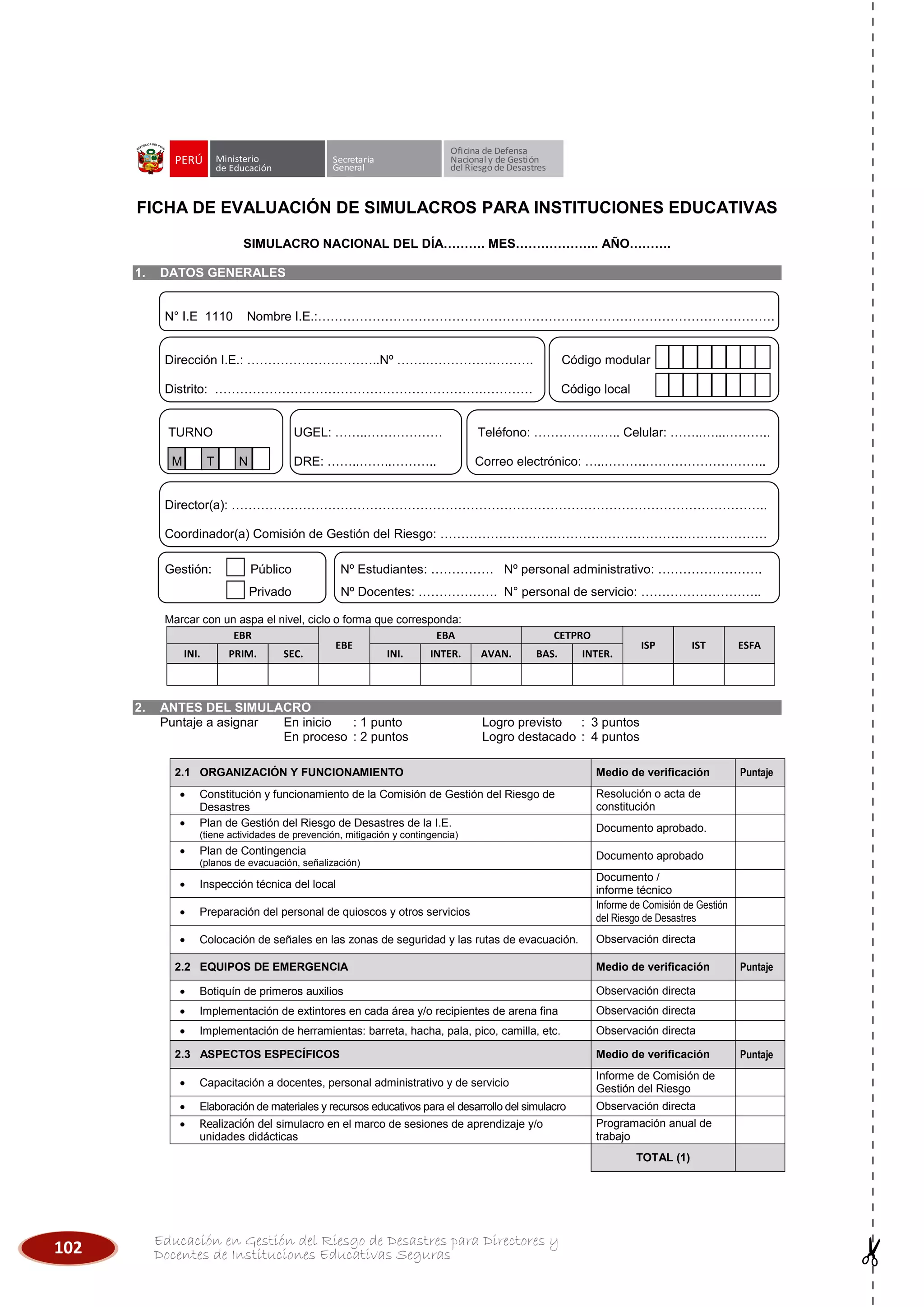 102 Educación en Gestión del Riesgo de Desastres para Directores y
Docentes de Instituciones Educativas Seguras
Secretaria
General
Oficina de Defensa
Nacional y de Gestión
del Riesgo de Desastres
FICHA DE EVALUACIÓN DE SIMULACROS PARA INSTITUCIONES EDUCATIVAS
SIMULACRO NACIONAL DEL DÍA………. MES……………….. AÑO……….
1. DATOS GENERALES
N° I.E 1110 Nombre I.E.:……………………………………………………………………………………………….
Dirección I.E.: …………………………..Nº …….…………….………. Código modular
Distrito: ……………………………………………………….………… Código local
TURNO UGEL: ……..……………… Teléfono: …………….….. Celular: ……..…...………..
M T N DRE: ……..……..……….. Correo electrónico: …..……….………………………..
Director(a): ………………………………………………………………………………………………………………..
Coordinador(a) Comisión de Gestión del Riesgo: ……………………………………………………………………
Gestión: Público Nº Estudiantes: …………… Nº personal administrativo: …………………….
Privado Nº Docentes: ………………. N° personal de servicio: ………………………..
Marcar con un aspa el nivel, ciclo o forma que corresponda:
EBR
EBE
EBA CETPRO
ISP IST ESFA
INI. PRIM. SEC. INI. INTER. AVAN. BAS. INTER.
2. ANTES DEL SIMULACRO
Puntaje a asignar En inicio : 1 punto Logro previsto : 3 puntos
En proceso : 2 puntos Logro destacado : 4 puntos
2.1 ORGANIZACIÓN Y FUNCIONAMIENTO Medio de verificación Puntaje
 Constitución y funcionamiento de la Comisión de Gestión del Riesgo de
Desastres
Resolución o acta de
constitución
 Plan de Gestión del Riesgo de Desastres de la I.E.
(tiene actividades de prevención, mitigación y contingencia)
Documento aprobado.
 Plan de Contingencia
(planos de evacuación, señalización)
Documento aprobado
 Inspección técnica del local
Documento /
informe técnico
 Preparación del personal de quioscos y otros servicios
Informe de Comisión de Gestión
del Riesgo de Desastres
 Colocación de señales en las zonas de seguridad y las rutas de evacuación. Observación directa
2.2 EQUIPOS DE EMERGENCIA Medio de verificación Puntaje
 Botiquín de primeros auxilios Observación directa
 Implementación de extintores en cada área y/o recipientes de arena fina Observación directa
 Implementación de herramientas: barreta, hacha, pala, pico, camilla, etc. Observación directa
2.3 ASPECTOS ESPECÍFICOS Medio de verificación Puntaje
 Capacitación a docentes, personal administrativo y de servicio
Informe de Comisión de
Gestión del Riesgo
 Elaboración de materiales y recursos educativos para el desarrollo del simulacro Observación directa
 Realización del simulacro en el marco de sesiones de aprendizaje y/o
unidades didácticas
Programación anual de
trabajo
TOTAL (1)
 