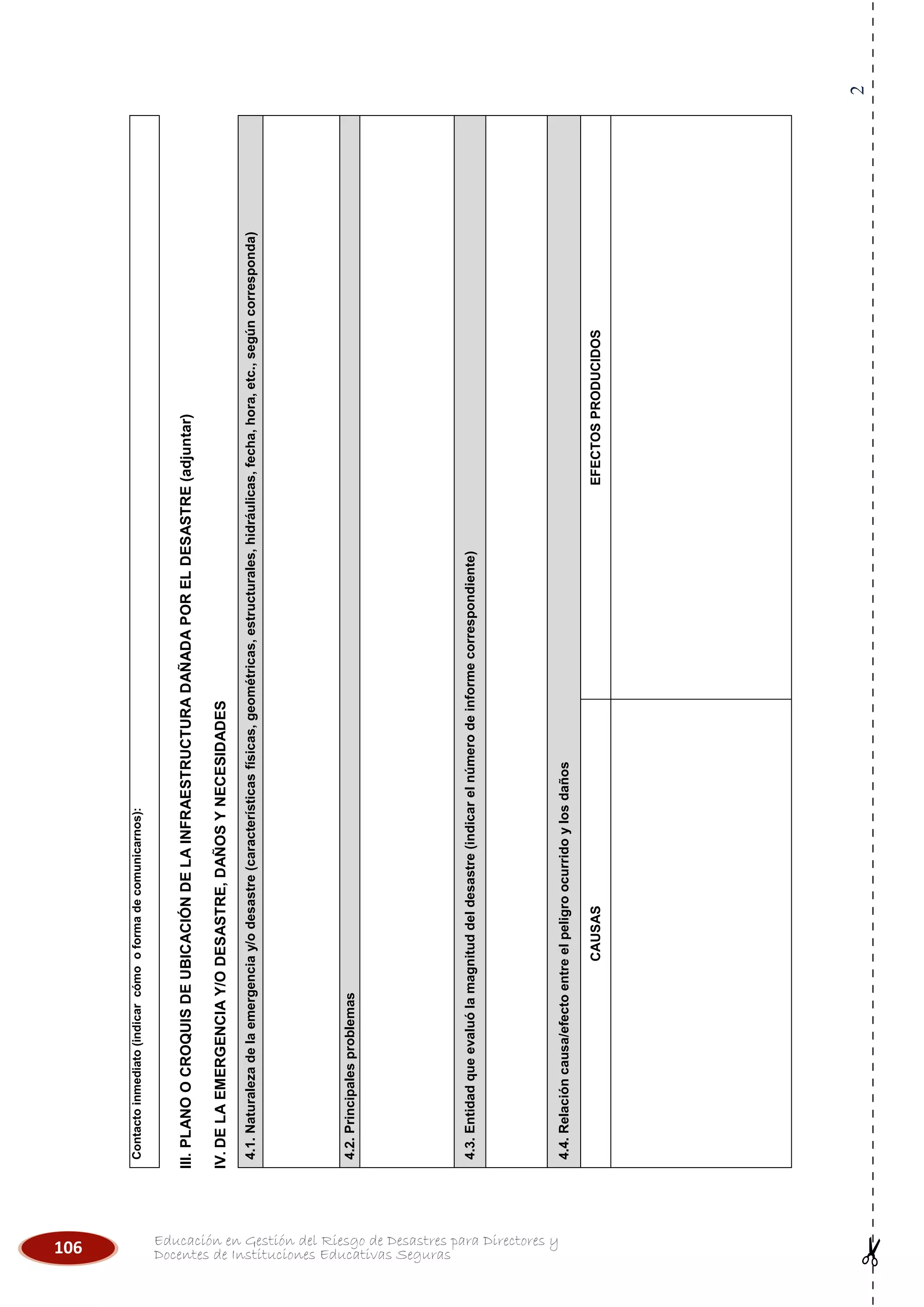 106 Educación en Gestión del Riesgo de Desastres para Directores y
Docentes de Instituciones Educativas Seguras
2
Contactoinmediato(indicarcómooformadecomunicarnos):
III.PLANOOCROQUISDEUBICACIÓNDELAINFRAESTRUCTURADAÑADAPORELDESASTRE(adjuntar)
IV.DELAEMERGENCIAY/ODESASTRE,DAÑOSYNECESIDADES
4.1.Naturalezadelaemergenciay/odesastre(característicasfísicas,geométricas,estructurales,hidráulicas,fecha,hora,etc.,segúncorresponda)
4.2.Principalesproblemas
4.3.Entidadqueevaluólamagnituddeldesastre(indicarelnúmerodeinformecorrespondiente)
4.4.Relacióncausa/efectoentreelpeligroocurridoylosdaños
CAUSASEFECTOSPRODUCIDOS
 