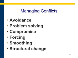 45
Managing Conflicts
Avoidance
Problem solving
Compromise
Forcing
Smoothing
Structural change
 