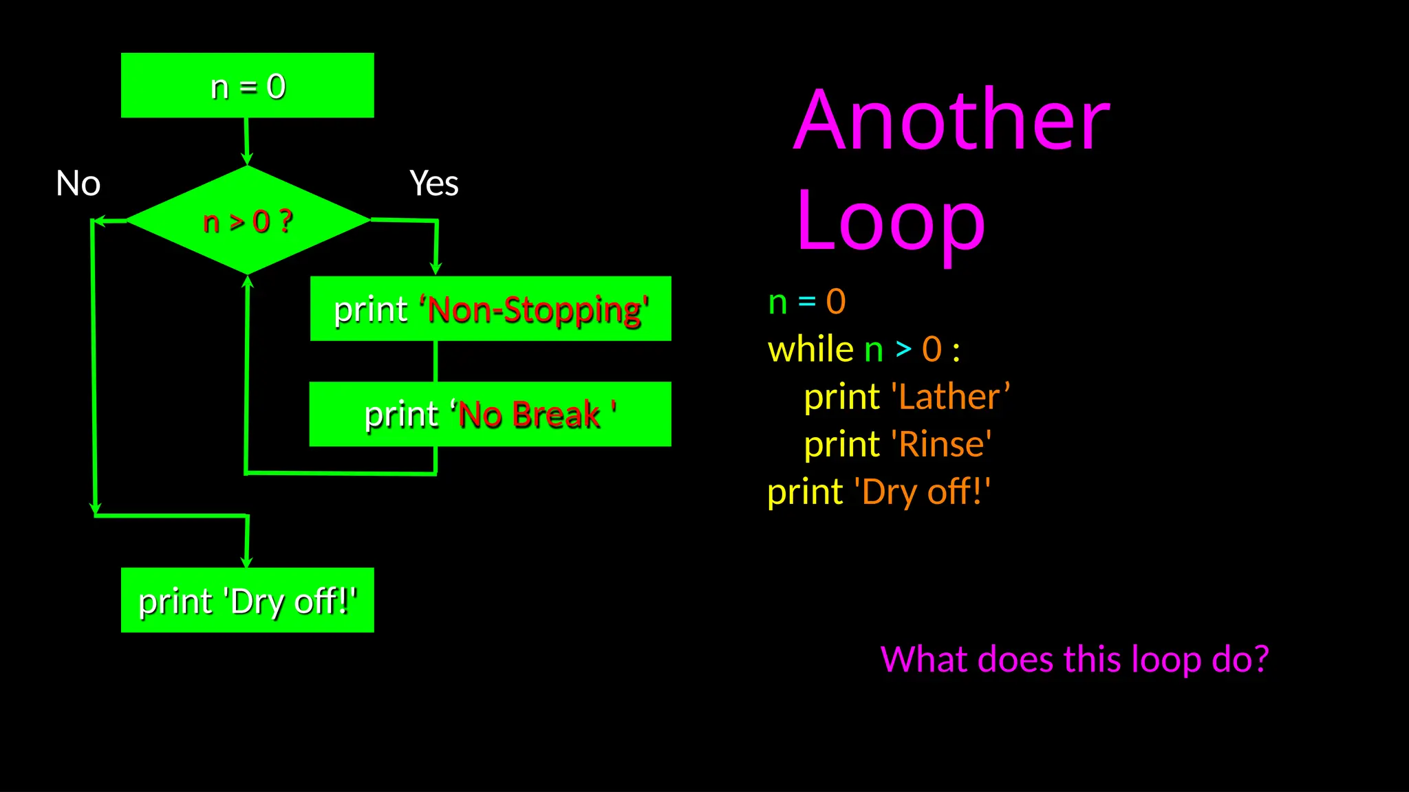 Another
Loop
n = 0
while n > 0 :
print 'Lather’
print 'Rinse'
print 'Dry off!'
No
print 'Dry off!'
Yes
n = 0
n > 0 ?
print ‘Non-Stopping'
print ‘No Break '
What does this loop do?
 