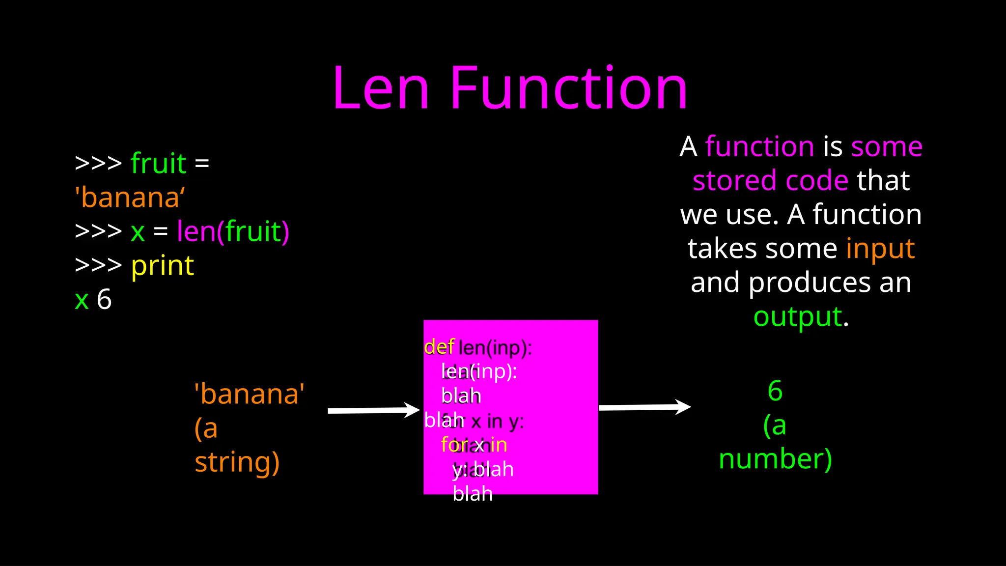 Len Function
def
len(inp):
blah
blah
for x in
y: blah
blah
A function is some
stored code that
we use. A function
takes some input
and produces an
output.
>>> fruit =
'banana‘
>>> x = len(fruit)
>>> print
x 6
'banana'
(a
string)
6
(a
number)
 