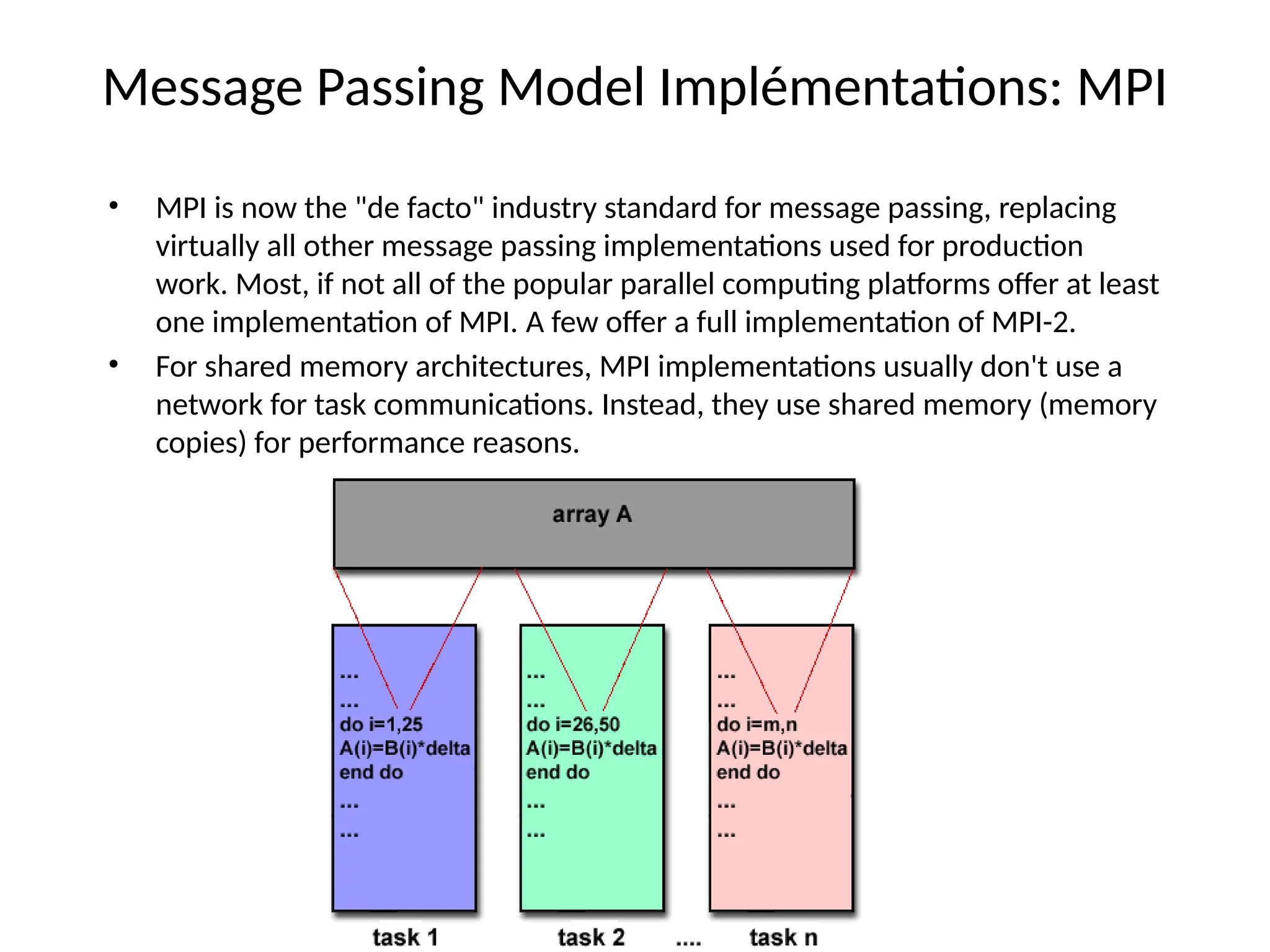 Message Passing Model Implémentations: MPI
• MPI is now the "de facto" industry standard for message passing, replacing
virtually all other message passing implementations used for production
work. Most, if not all of the popular parallel computing platforms offer at least
one implementation of MPI. A few offer a full implementation of MPI-2.
• For shared memory architectures, MPI implementations usually don't use a
network for task communications. Instead, they use shared memory (memory
copies) for performance reasons.
 