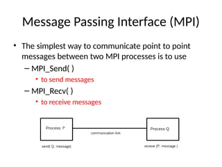 Message Passing Interface (MPI)
• The simplest way to communicate point to point
messages between two MPI processes is to use
– MPI_Send( )
• to send messages
– MPI_Recv( )
• to receive messages
 