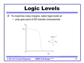 CMOS VLSI Design
CMOS VLSI Design 4th Ed.
5: DC and Transient Response 17
VDD
Vin
Vout
VOH
VDD
VOL
VIL VIH
Vtn
Unity Gain Points
Slope = -1
VDD
-
|Vtp
|
p/n > 1
Vin
Vout
0
Logic Levels
 To maximize noise margins, select logic levels at
– unity gain point of DC transfer characteristic
VDD
Vin
Vout
VDD
p/n > 1
Vin
Vout
0
 