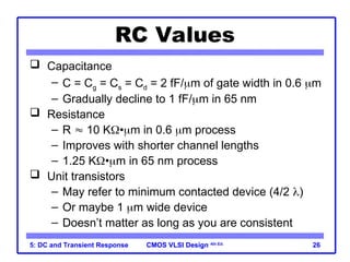 CMOS VLSI Design
CMOS VLSI Design 4th Ed.
5: DC and Transient Response 26
RC Values
 Capacitance
– C = Cg = Cs = Cd = 2 fF/m of gate width in 0.6 m
– Gradually decline to 1 fF/m in 65 nm
 Resistance
– R  10 K•m in 0.6 m process
– Improves with shorter channel lengths
– 1.25 K•m in 65 nm process
 Unit transistors
– May refer to minimum contacted device (4/2 )
– Or maybe 1 m wide device
– Doesn’t matter as long as you are consistent
 