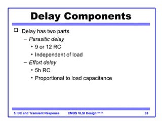 CMOS VLSI Design
CMOS VLSI Design 4th Ed.
5: DC and Transient Response 33
Delay Components
 Delay has two parts
– Parasitic delay
• 9 or 12 RC
• Independent of load
– Effort delay
• 5h RC
• Proportional to load capacitance
 