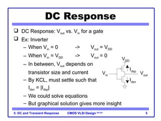 CMOS VLSI Design
CMOS VLSI Design 4th Ed.
5: DC and Transient Response 5
DC Response
 DC Response: Vout vs. Vin for a gate
 Ex: Inverter
– When Vin = 0 -> Vout = VDD
– When Vin = VDD -> Vout = 0
– In between, Vout depends on
transistor size and current
– By KCL, must settle such that
Idsn = |Idsp|
– We could solve equations
– But graphical solution gives more insight
Idsn
Idsp
Vout
VDD
Vin
 
