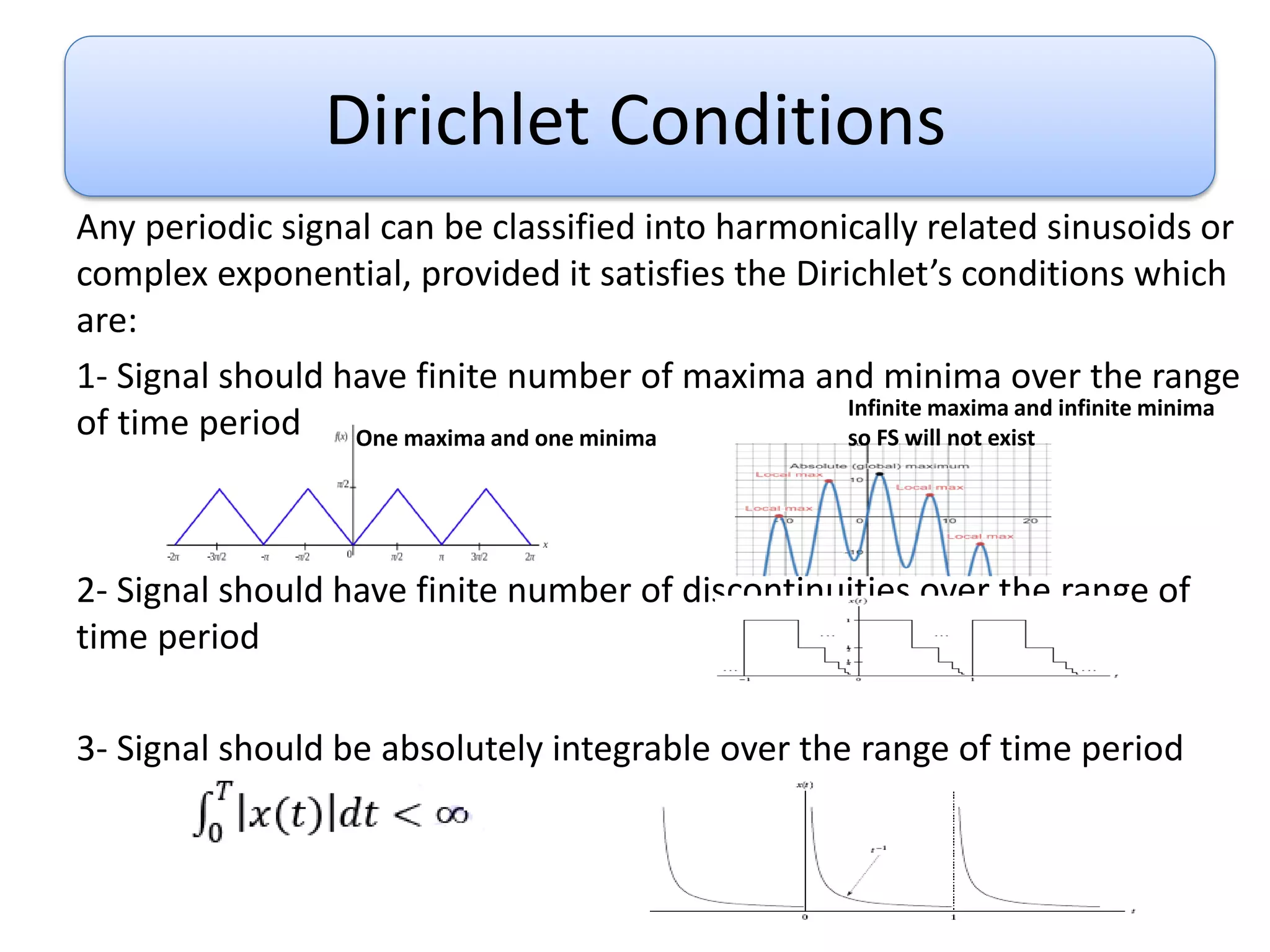 Dirichlet Conditions
Any periodic signal can be classified into harmonically related sinusoids or
complex exponential, provided it satisfies the Dirichlet’s conditions which
are:
1- Signal should have finite number of maxima and minima over the range
of time period
2- Signal should have finite number of discontinuities over the range of
time period
3- Signal should be absolutely integrable over the range of time period
One maxima and one minima
Infinite maxima and infinite minima
so FS will not exist
 