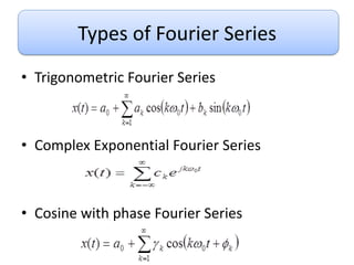 Types of Fourier Series
• Trigonometric Fourier Series
• Complex Exponential Fourier Series
• Cosine with phase Fourier Series
 
