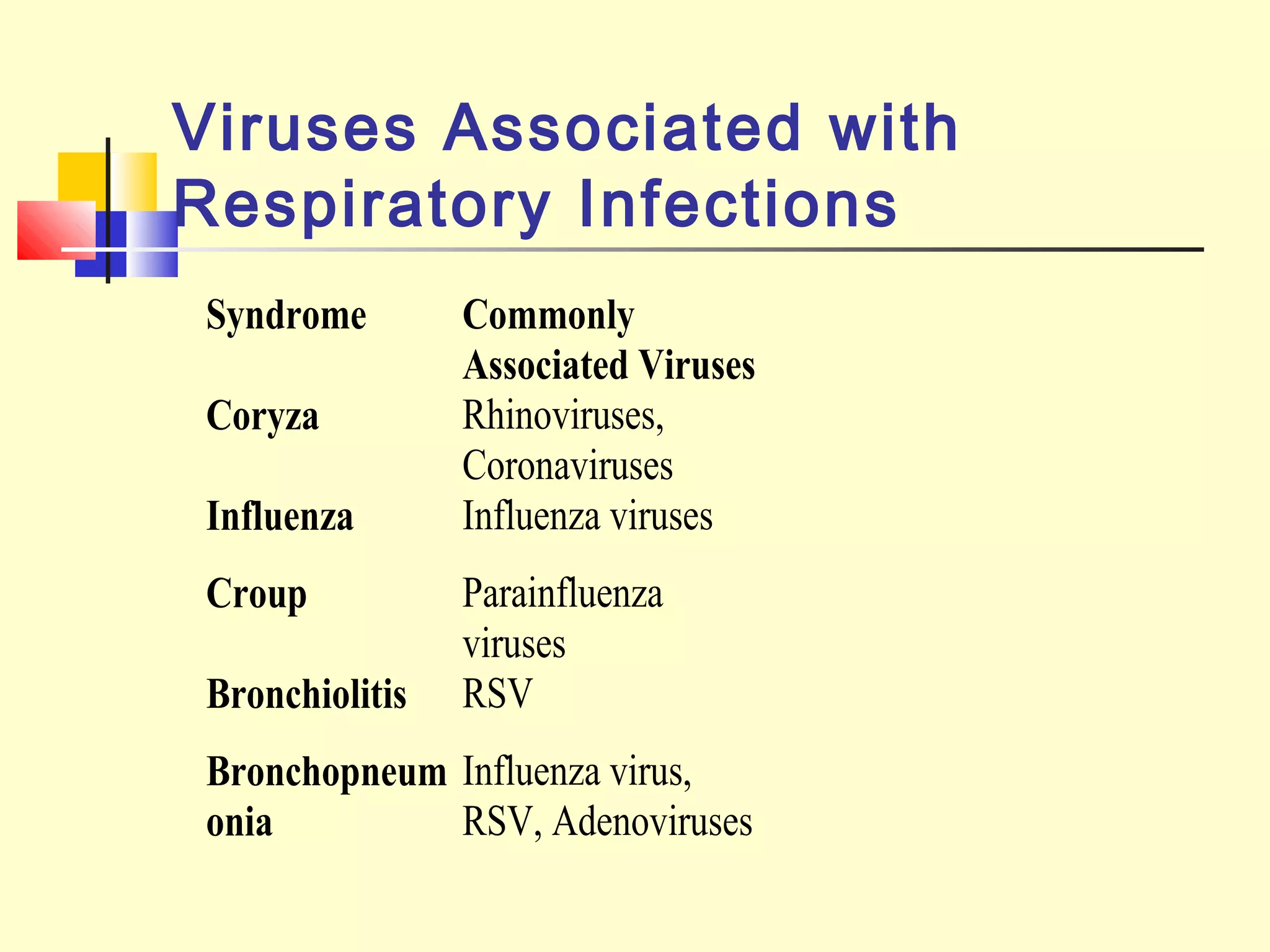 Viruses Associated with
Respiratory Infections
Syndrome Commonly
Associated Viruses
Coryza Rhinoviruses,
Coronaviruses
Influenza Influenza viruses
Croup Parainfluenza
viruses
Bronchiolitis RSV
Bronchopneum
onia
Influenza virus,
RSV, Adenoviruses
 