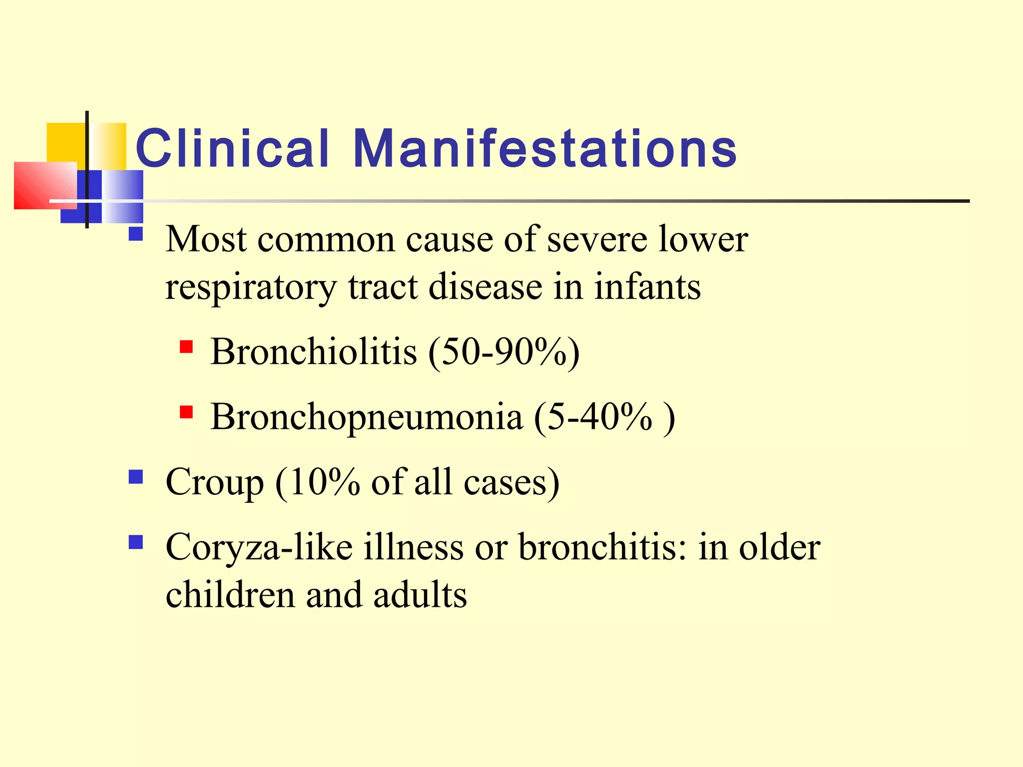 Clinical Manifestations
 Most common cause of severe lower
respiratory tract disease in infants
 Bronchiolitis (50-90%)
 Bronchopneumonia (5-40% )
 Croup (10% of all cases)
 Coryza-like illness or bronchitis: in older
children and adults
 
